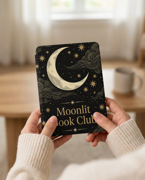 Moonlit Book Club Kindle Case — Vintage Woodcut Slate Blue