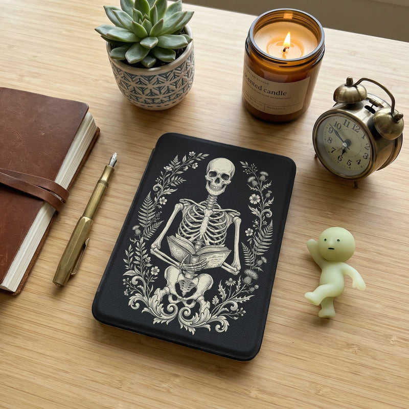 Seated Skeleton Full Body Kindle Case — Gothic Book Lover Gift