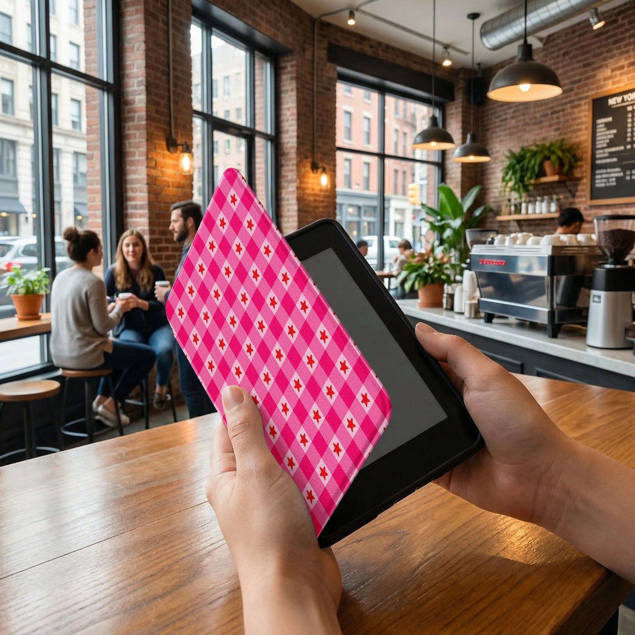 Pink Gingham Star Kindle Paperwhite Case — Preppy Cottagecore Gift