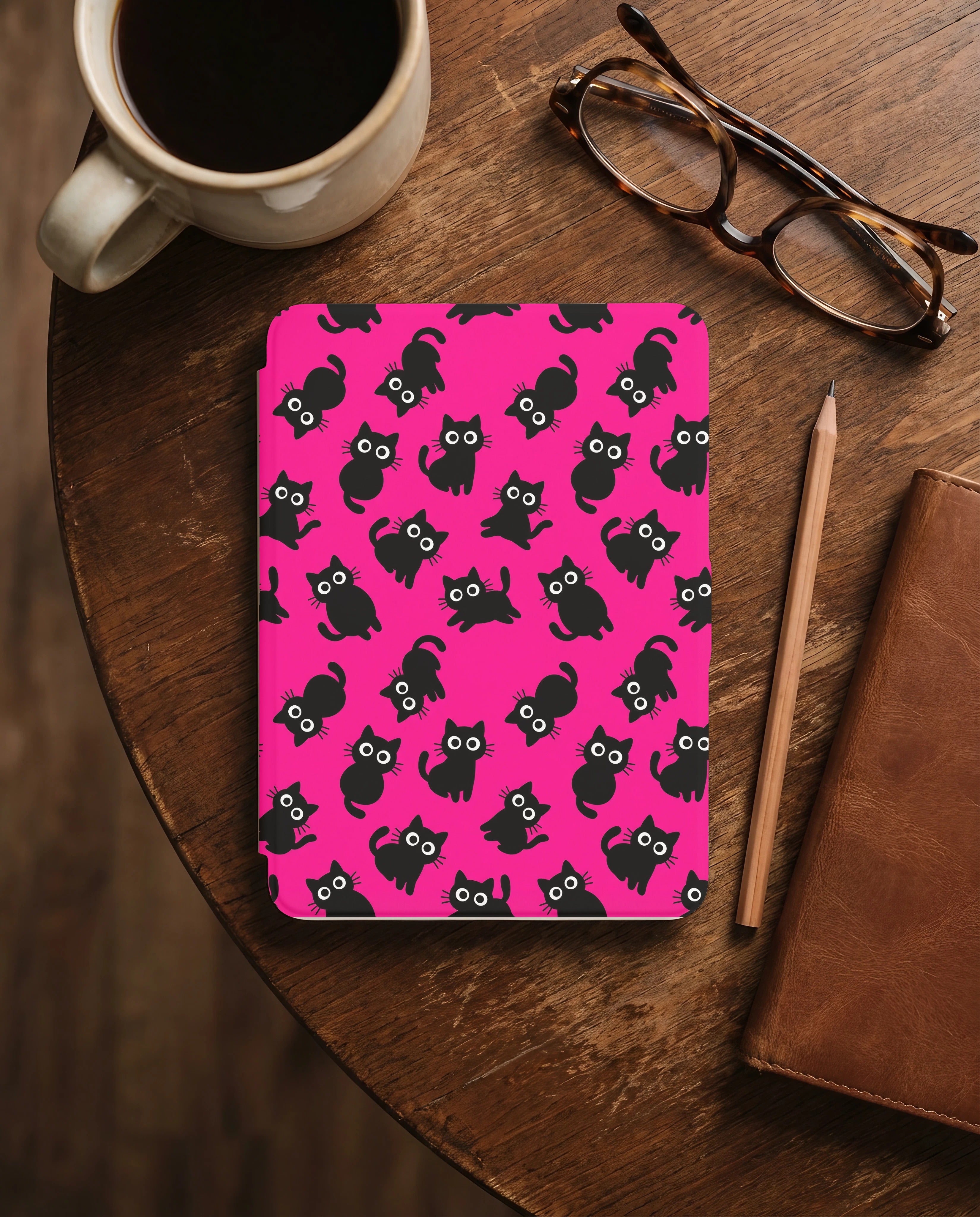 Hot Pink Black Cat Kindle Colorsoft Case — Kawaii Cat Lover Gift