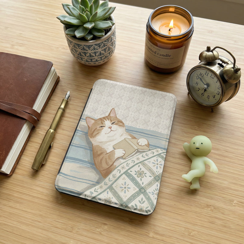 Orange Tabby Reading Kindle Paperwhite Case — Relaxing Gift for Cat Lovers