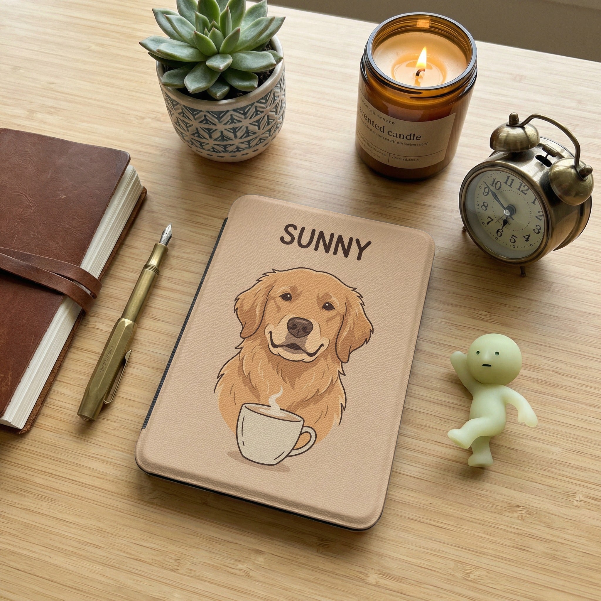 Personalized Pet Portrait Kindle Case — Cozy Café Dog or Cat