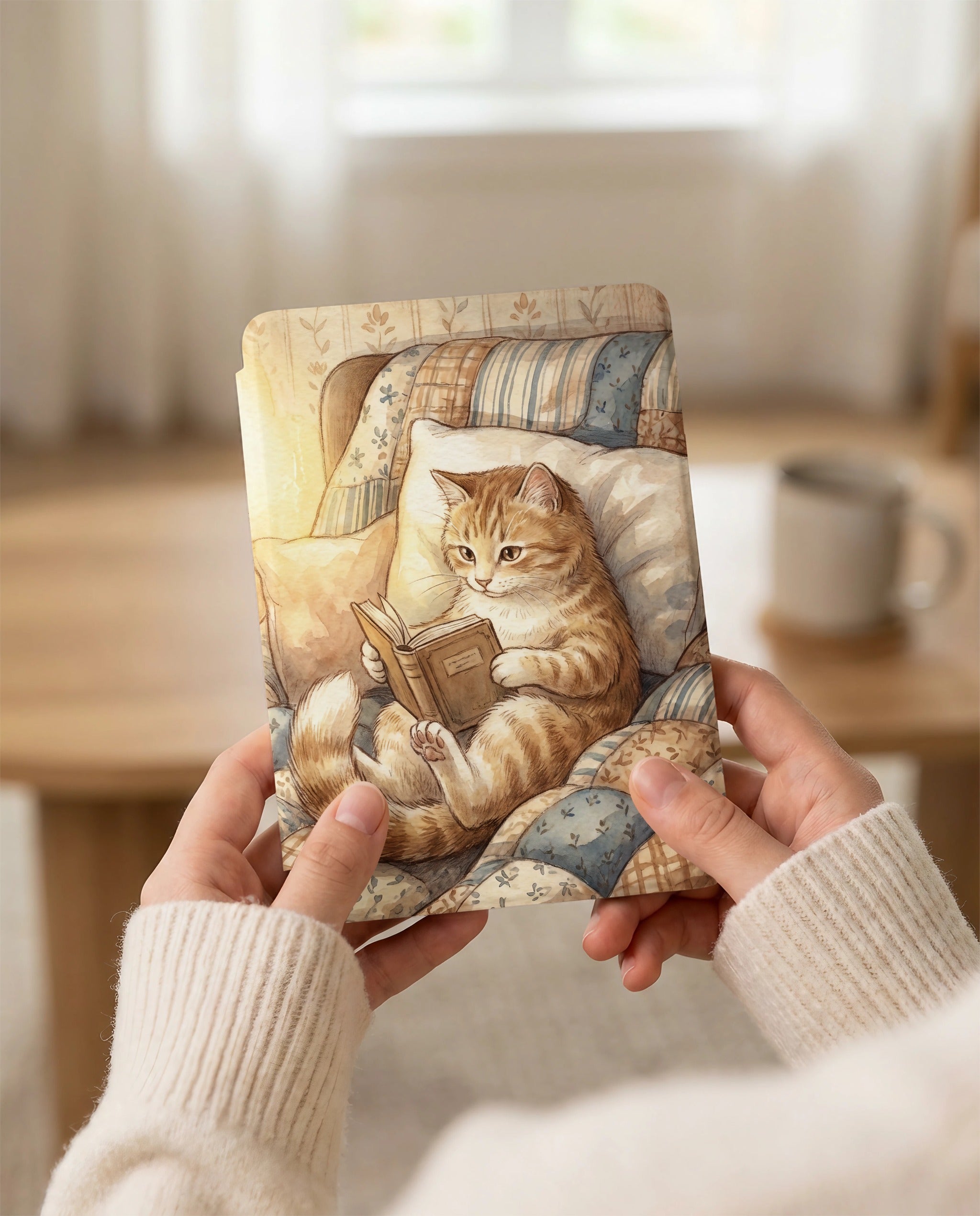 Tabby Cat Reading Kindle Paperwhite Case — Cozy Cat Lover Gift