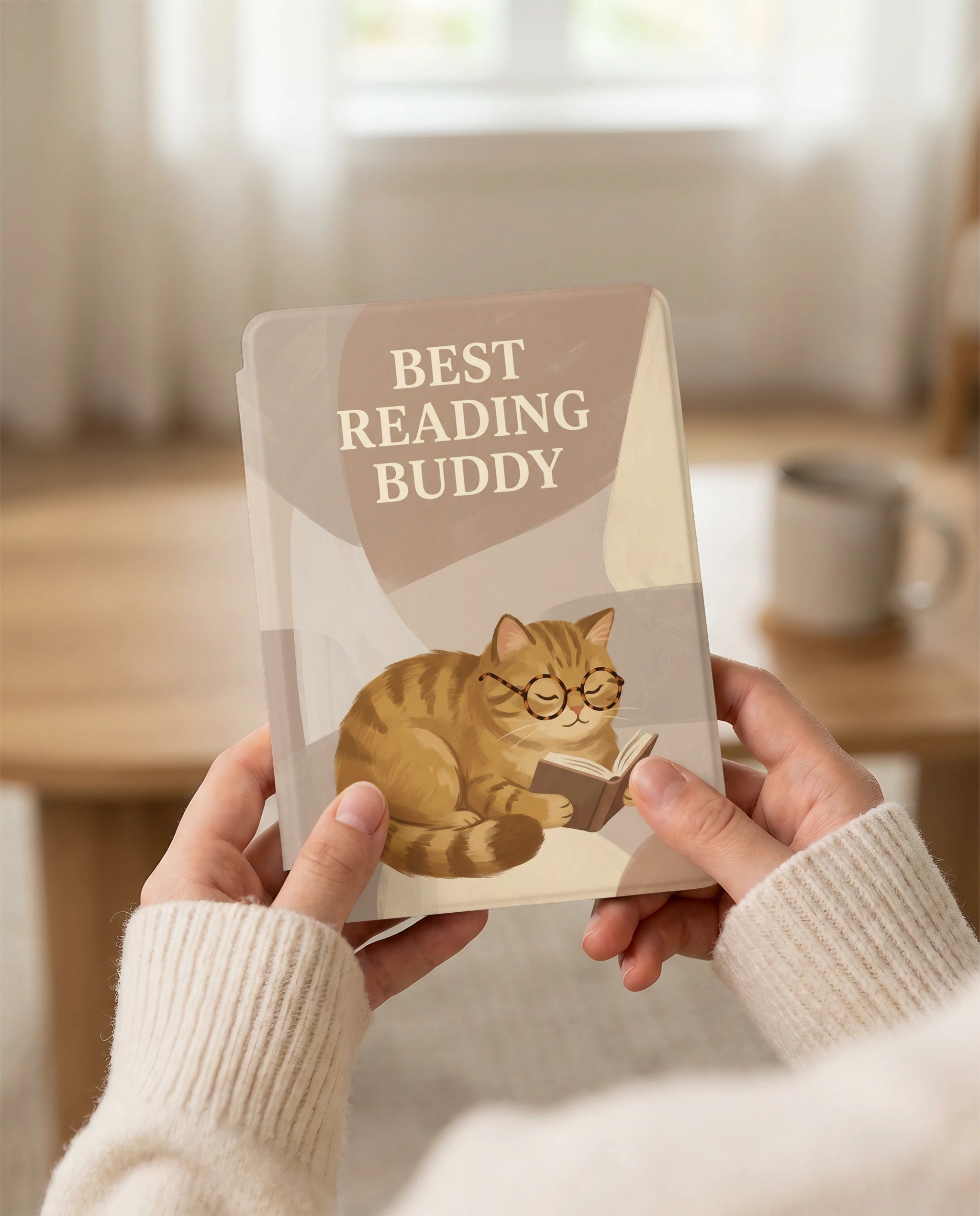 Best Reading Buddy Custom Cat Kindle 12th Gen Case — Cute Cat with Glasses Reading
