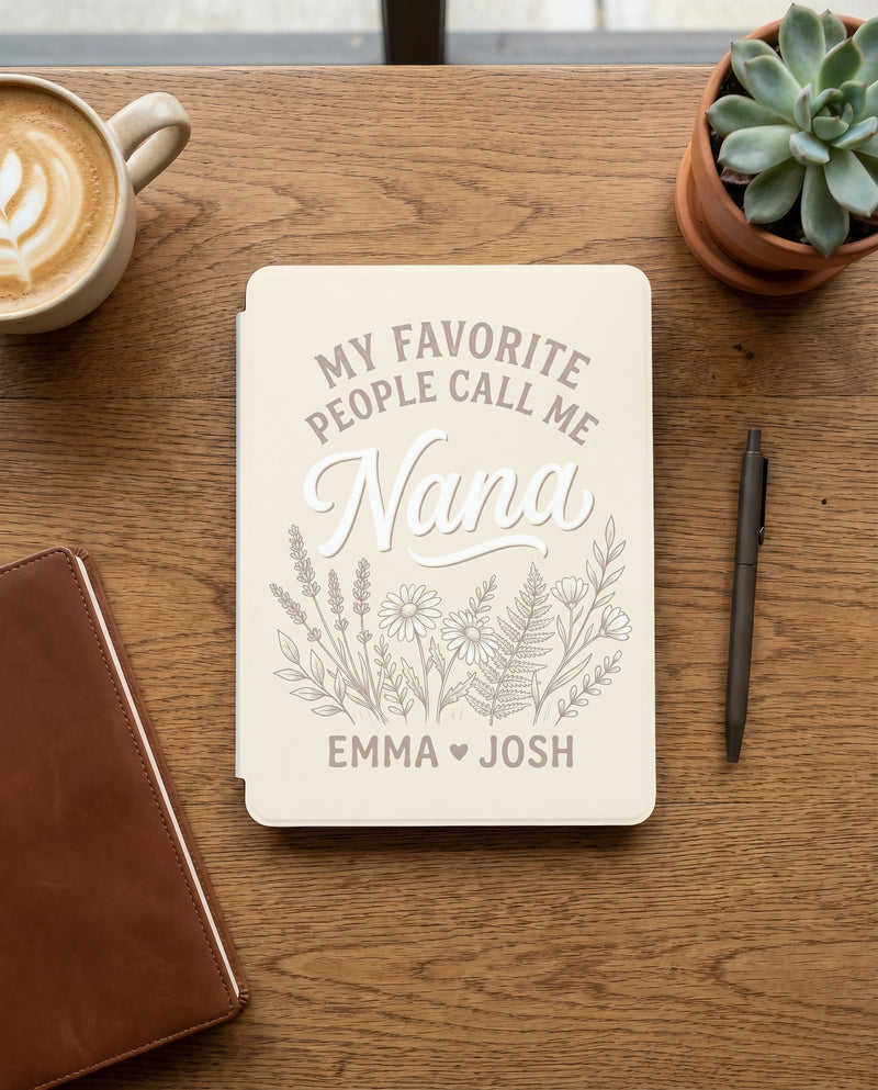 Personalized Nana Kindle Case — Cream Floral Design with Grandkids Names Gift