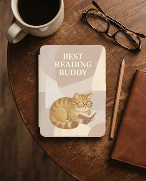 Best Reading Buddy Custom Cat Kindle 12th Gen Case — Cute Cat with Glasses Reading