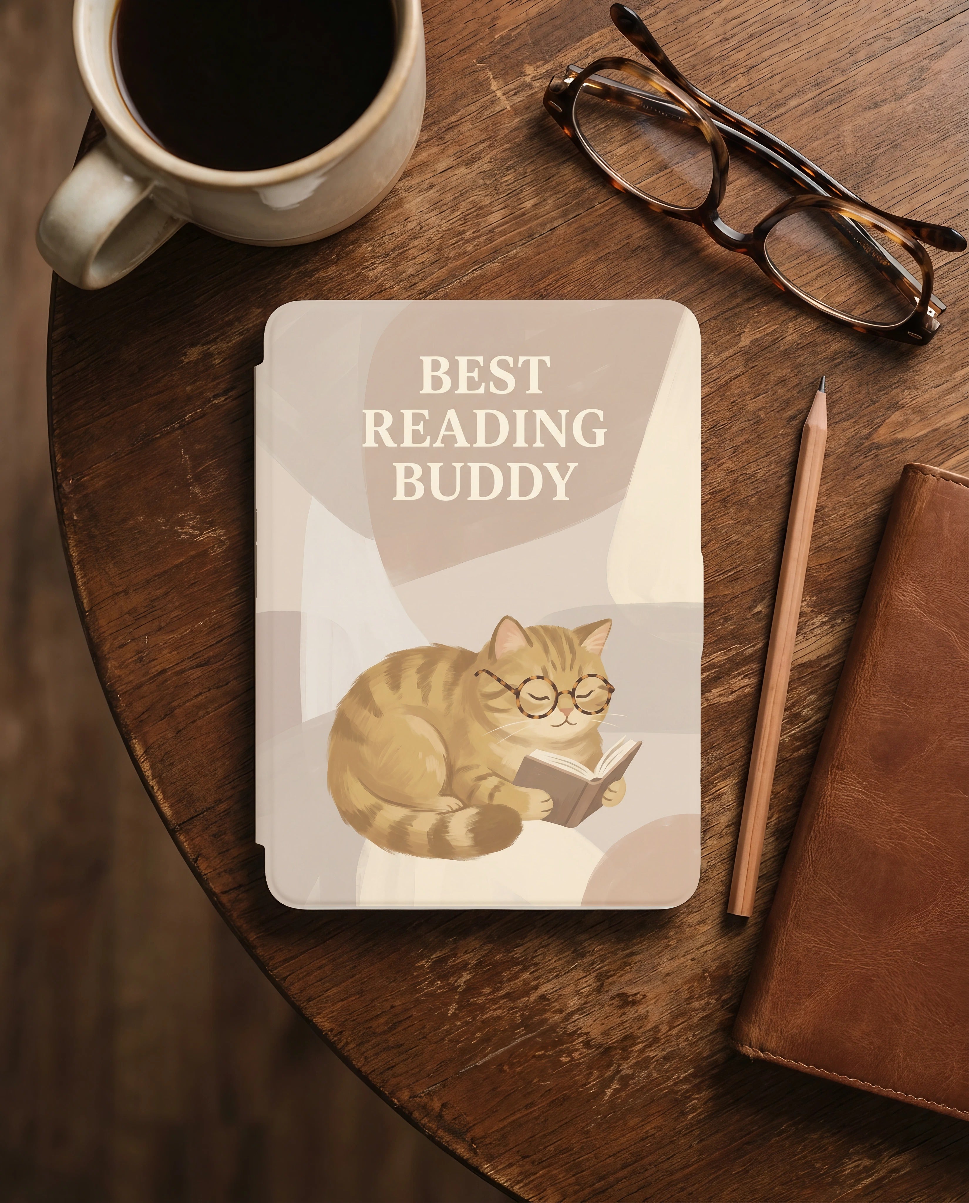 Best Reading Buddy Custom Cat Kindle 12th Gen Case — Cute Cat with Glasses Reading