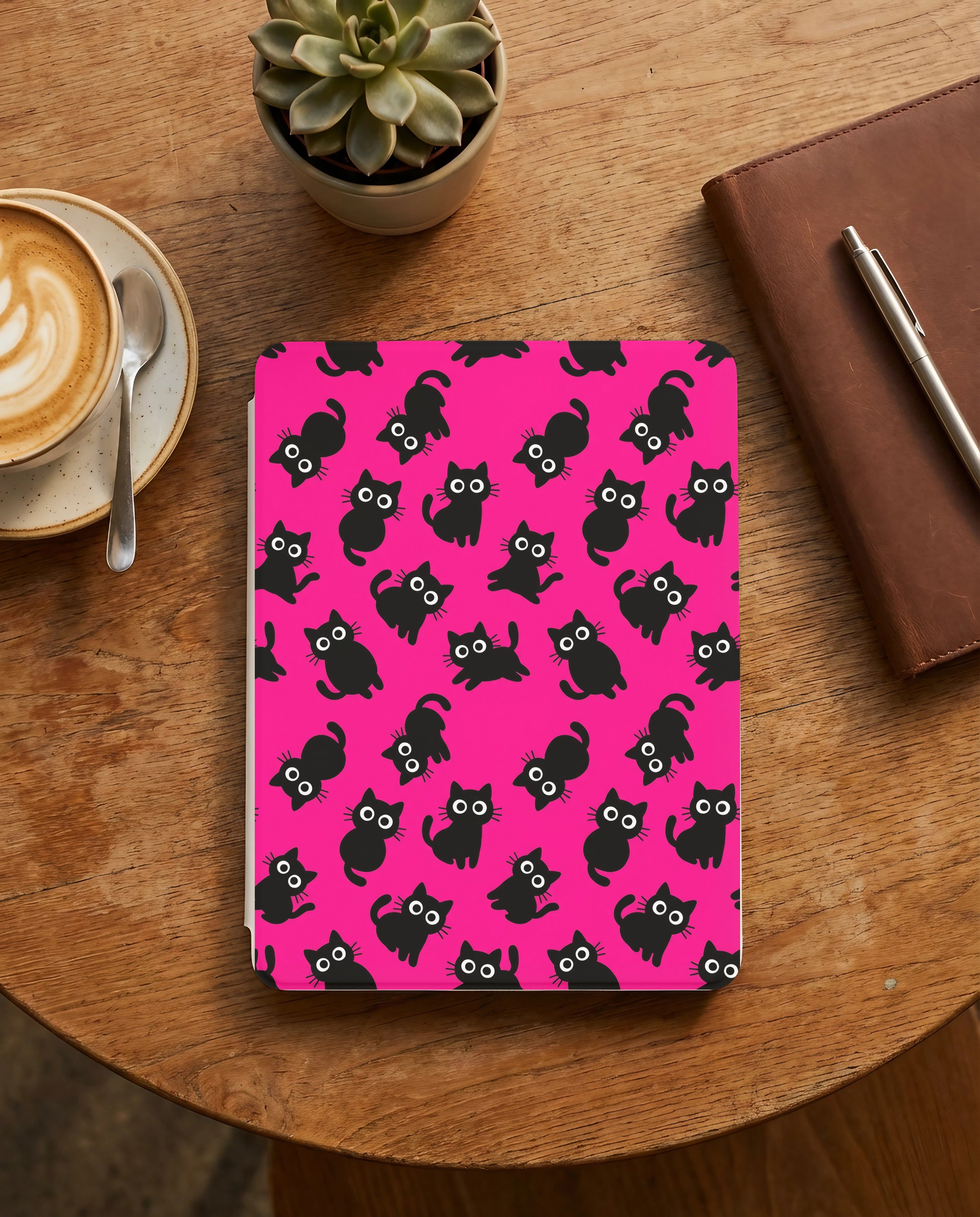 Hot Pink Black Cat Kindle Colorsoft Case — Kawaii Cat Lover Gift