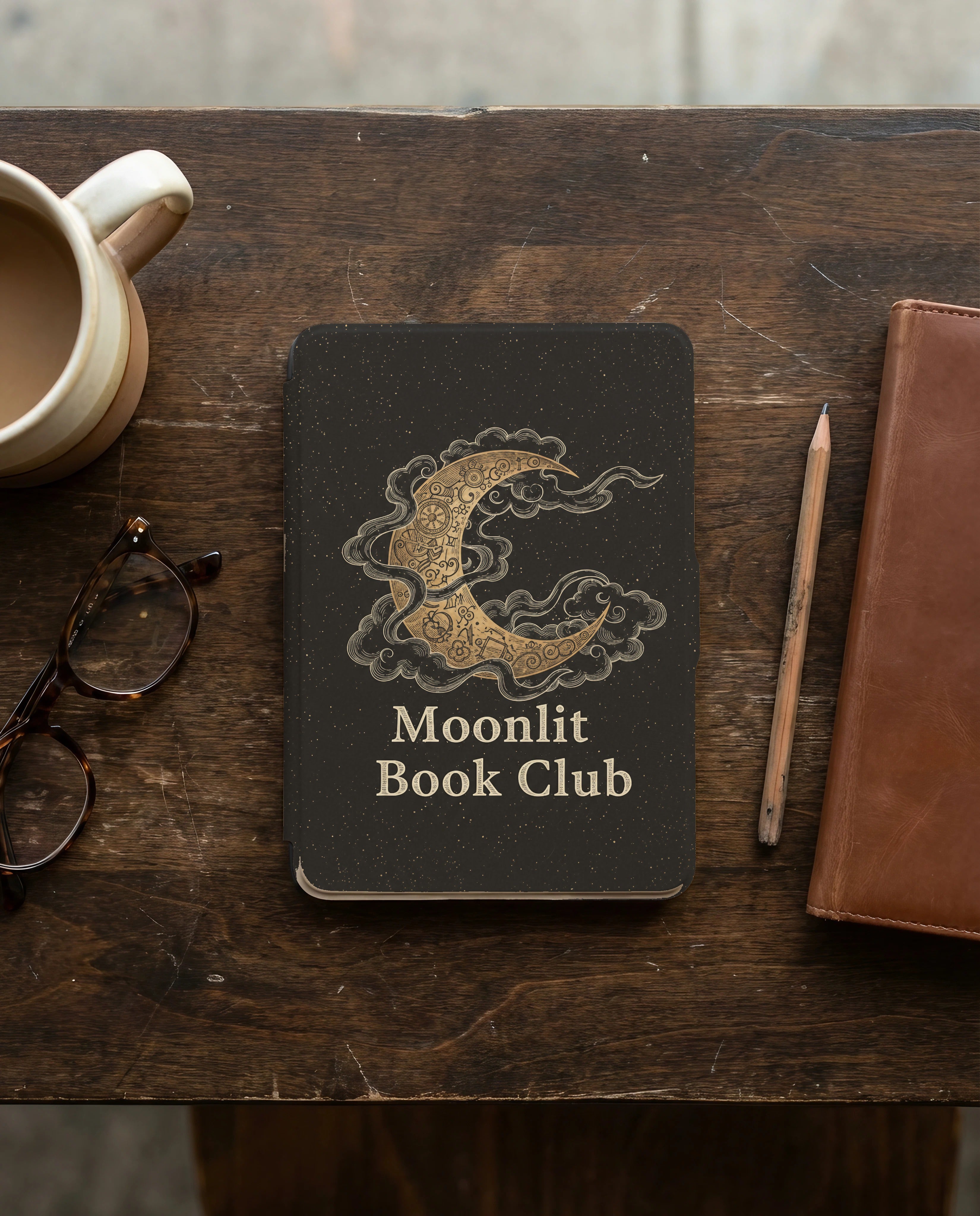 Moonlit Book Club Kindle Case — Steampunk Moon Mechanical Gears