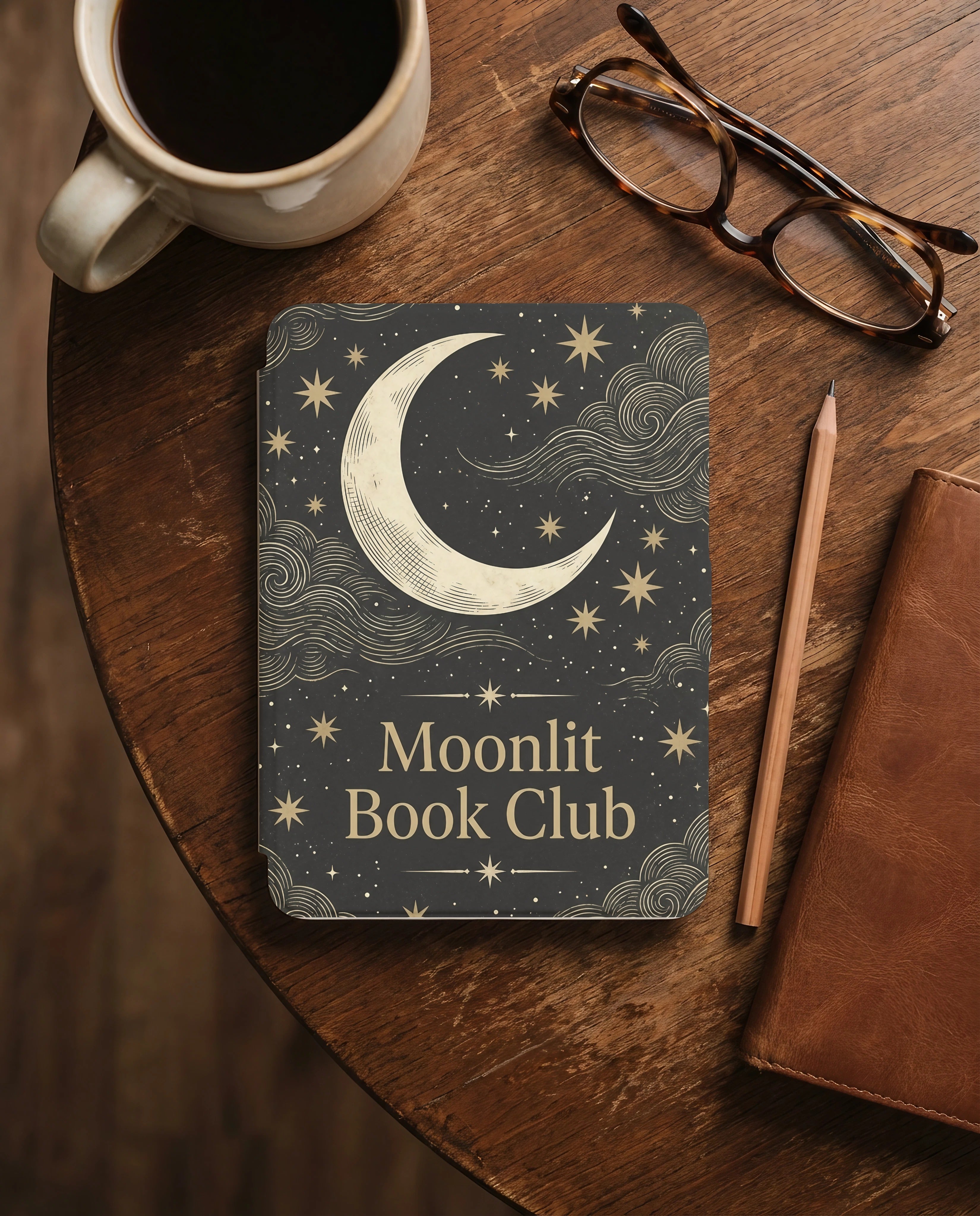 Moonlit Book Club Kindle Case — Vintage Woodcut Slate Blue