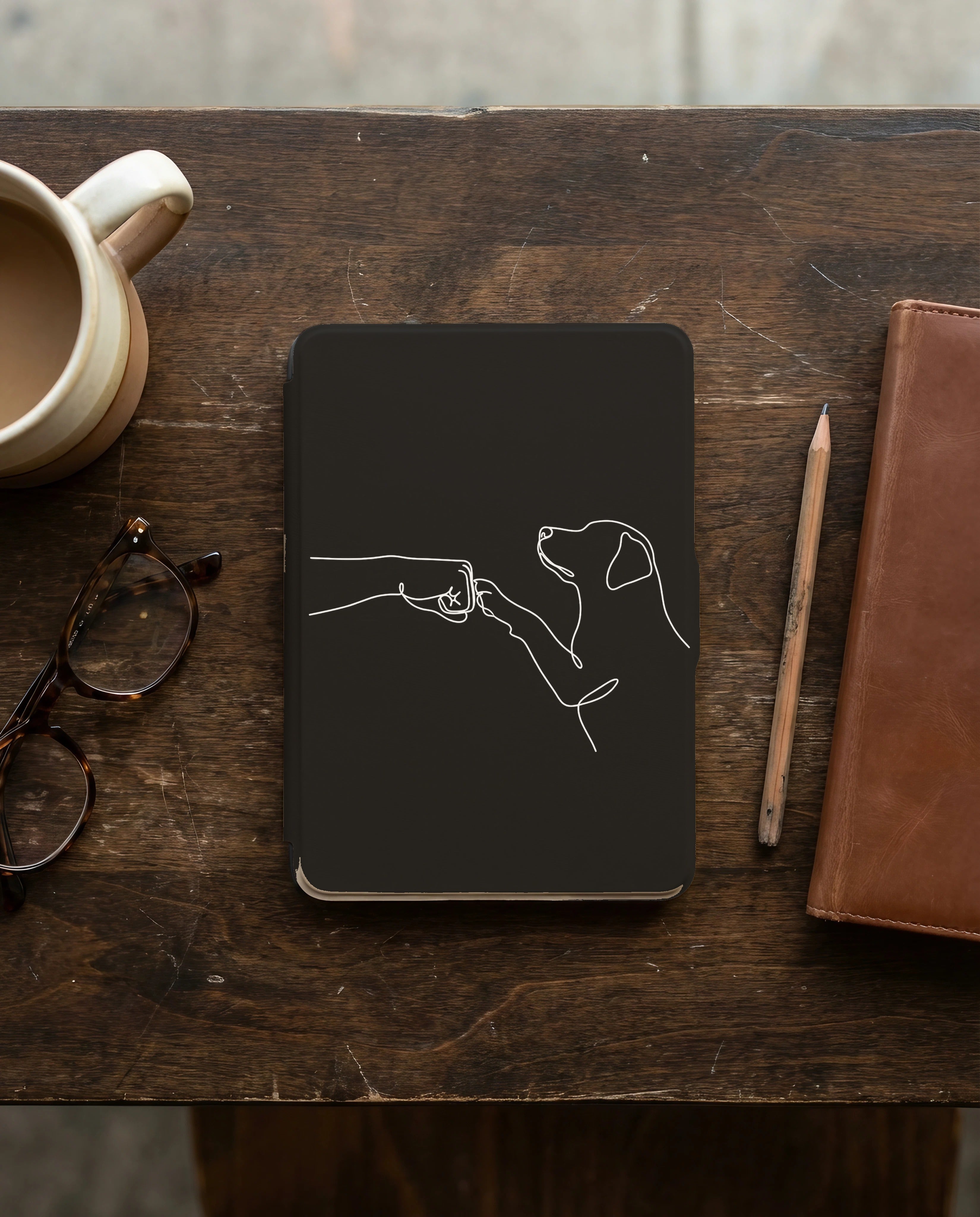 Human Dog Fist Bump Kindle Case — Minimalist Line Art Pet Bond Gift