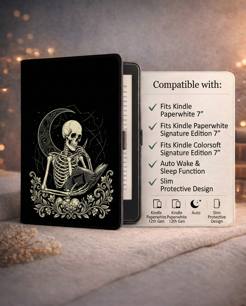 Contemplative Skeleton Kindle Case — Gothic Book Lover Gift