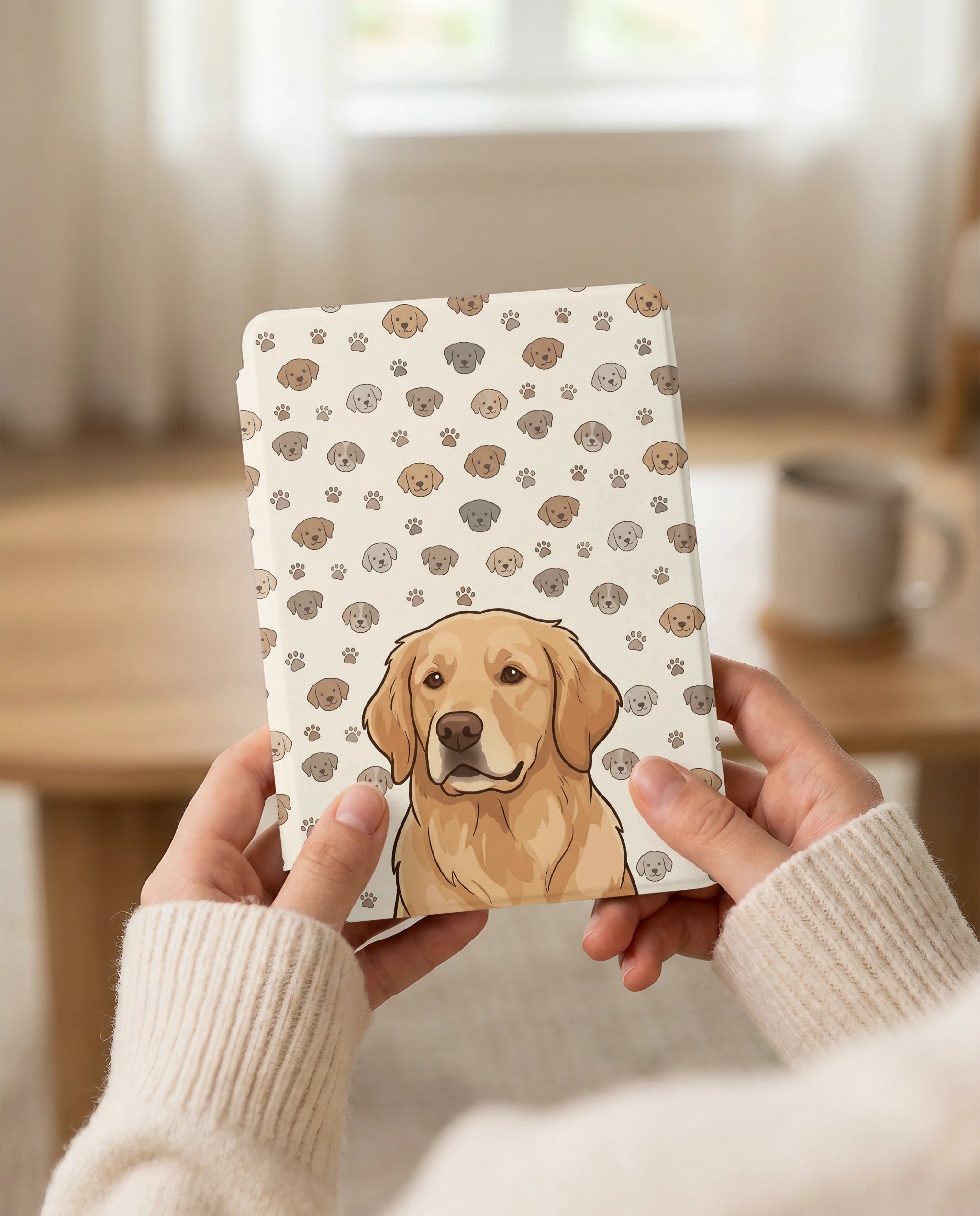 Custom Dog Portrait Kindle Cover — Cartoon Golden with Playful Pattern - 12th Gen Kindle Case