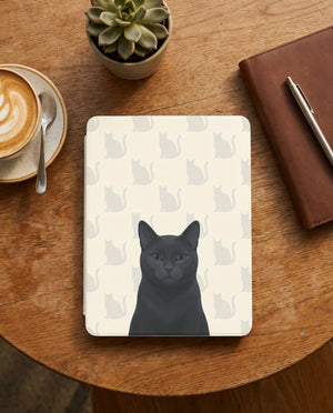 Personalized Black Cat Portrait Kindle 12th Gen Case — Elegant Silhouette Grid Pattern
