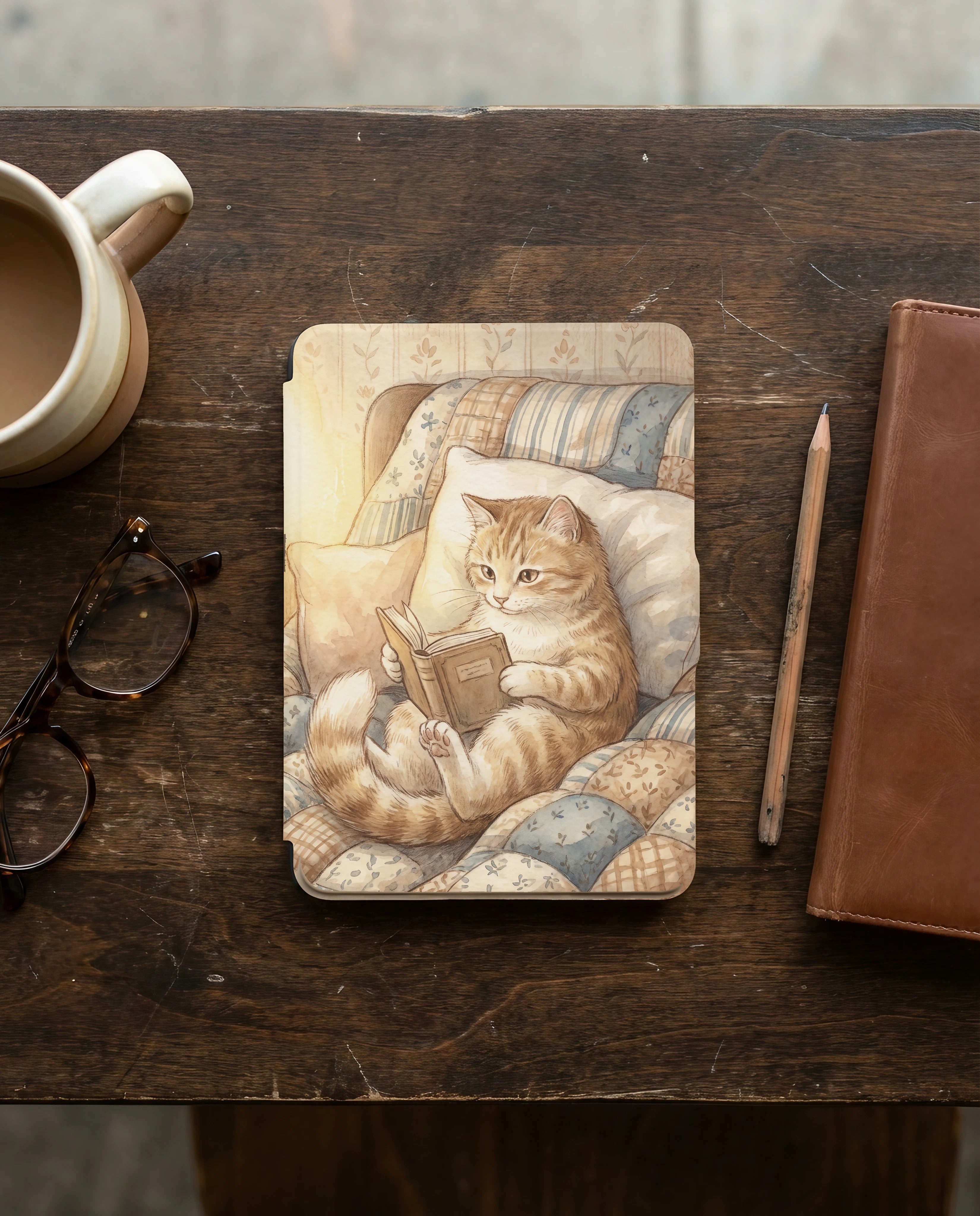 Tabby Cat Reading Kindle Paperwhite Case — Cozy Cat Lover Gift