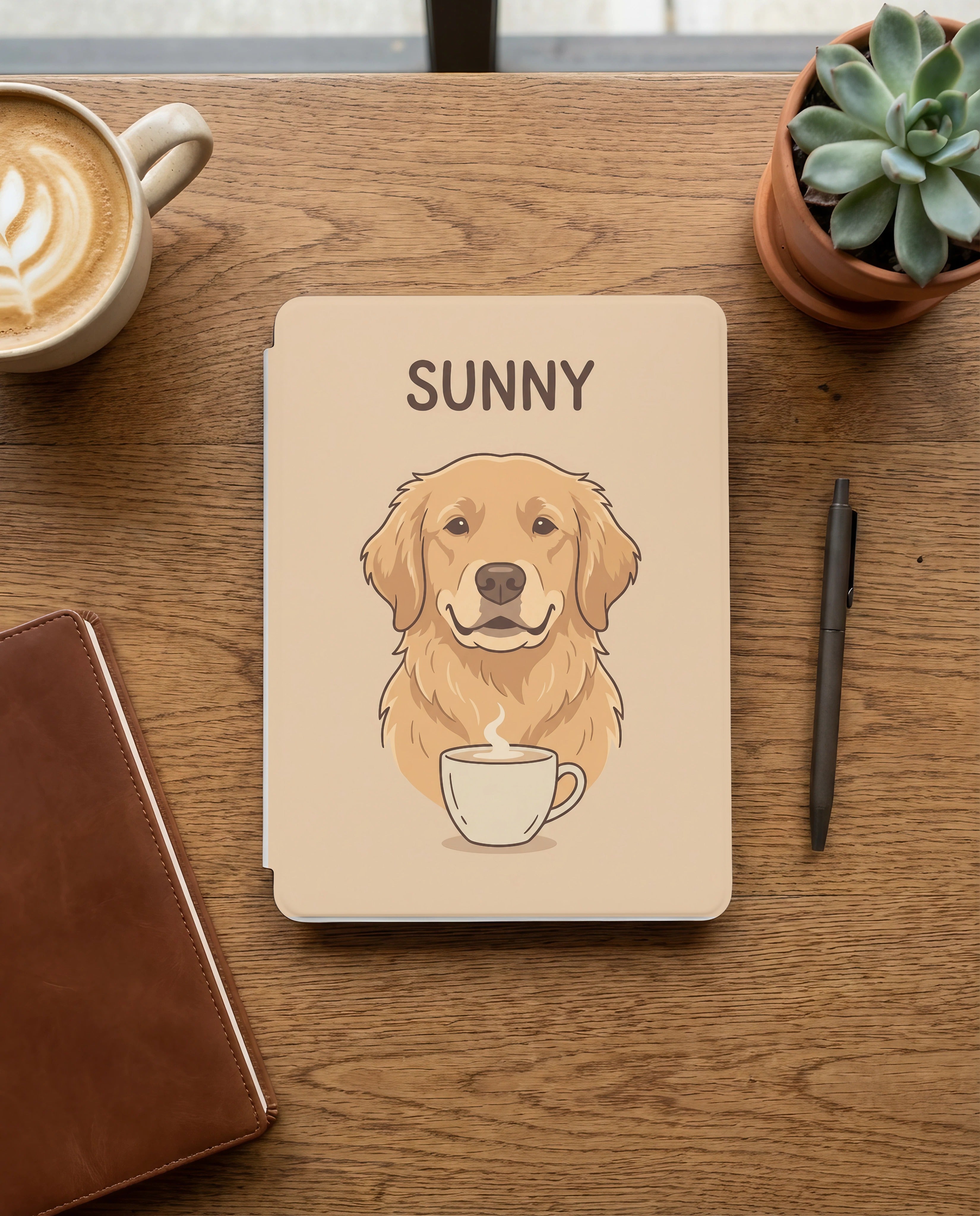 Personalized Pet Portrait Kindle Case — Cozy Café Dog or Cat