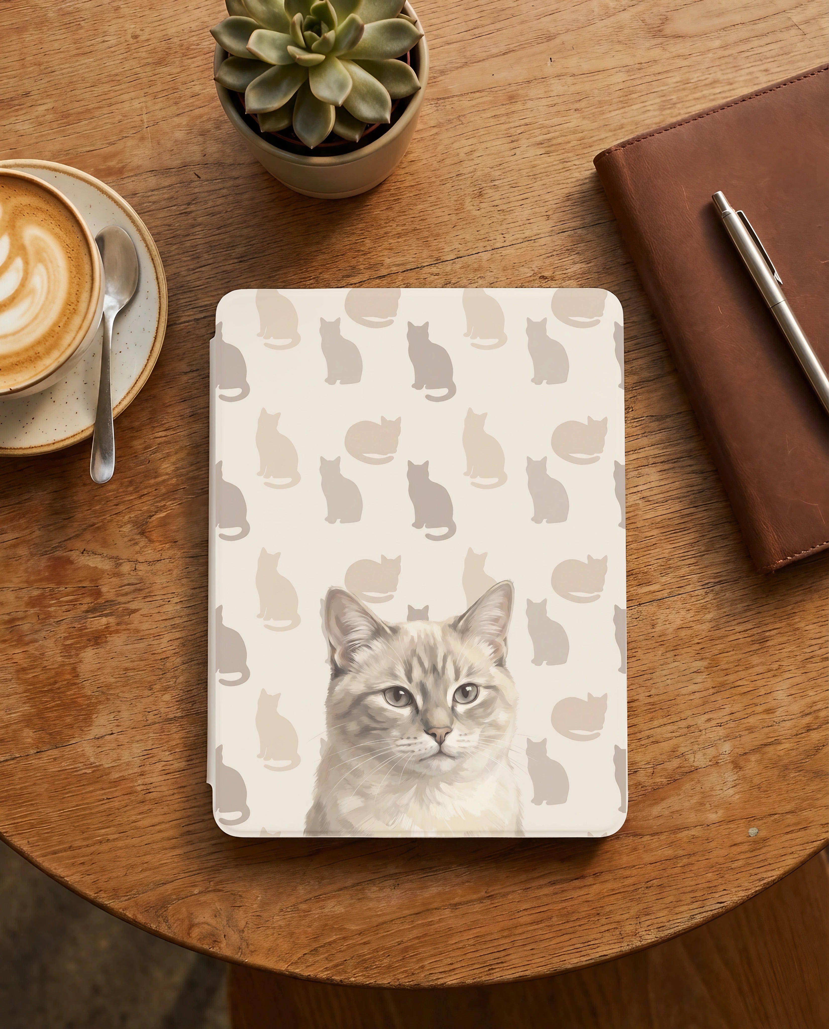 Custom Cat Portrait - 12th Gen Kindle Cover — Lynx Point with Bold Silhouette Pattern