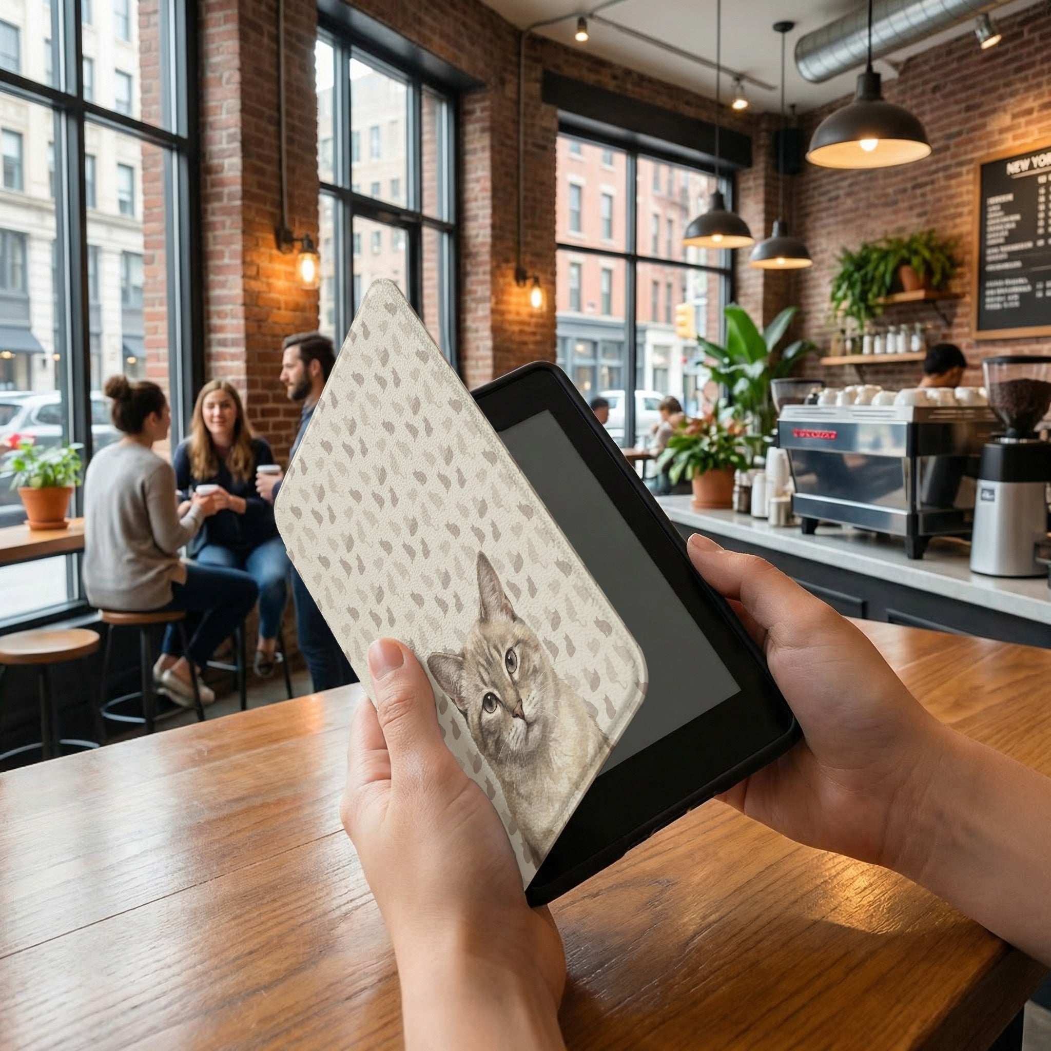 Personalized Cat Portrait Kindle Cover — Cream Shorthair with Grid Pattern