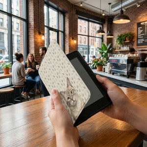 Personalized Cat Portrait Kindle Cover — Cream Shorthair with Grid Pattern