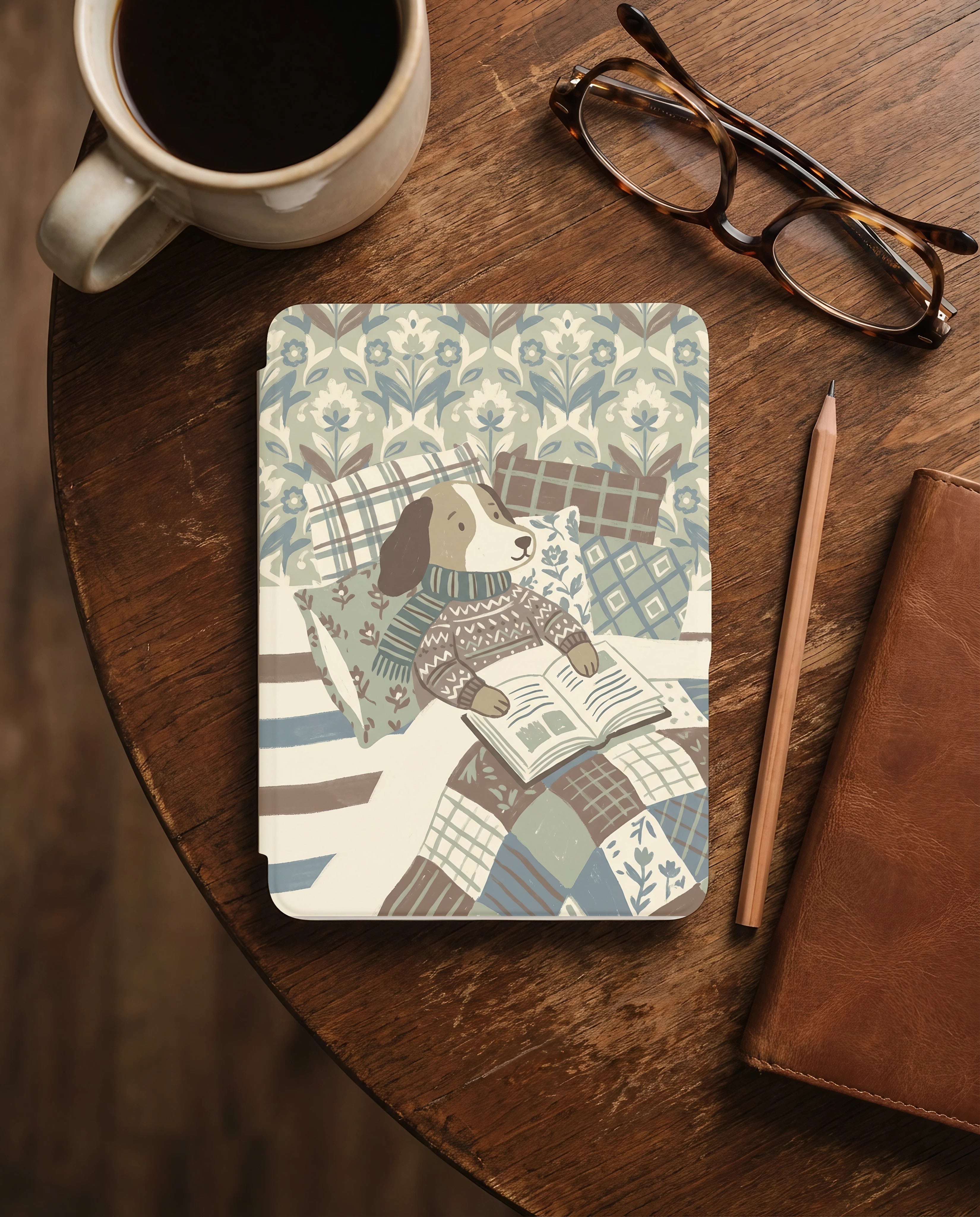 Beagle with Cozy Scarf Reading Kindle Case — Charming Gift for Dog Lovers