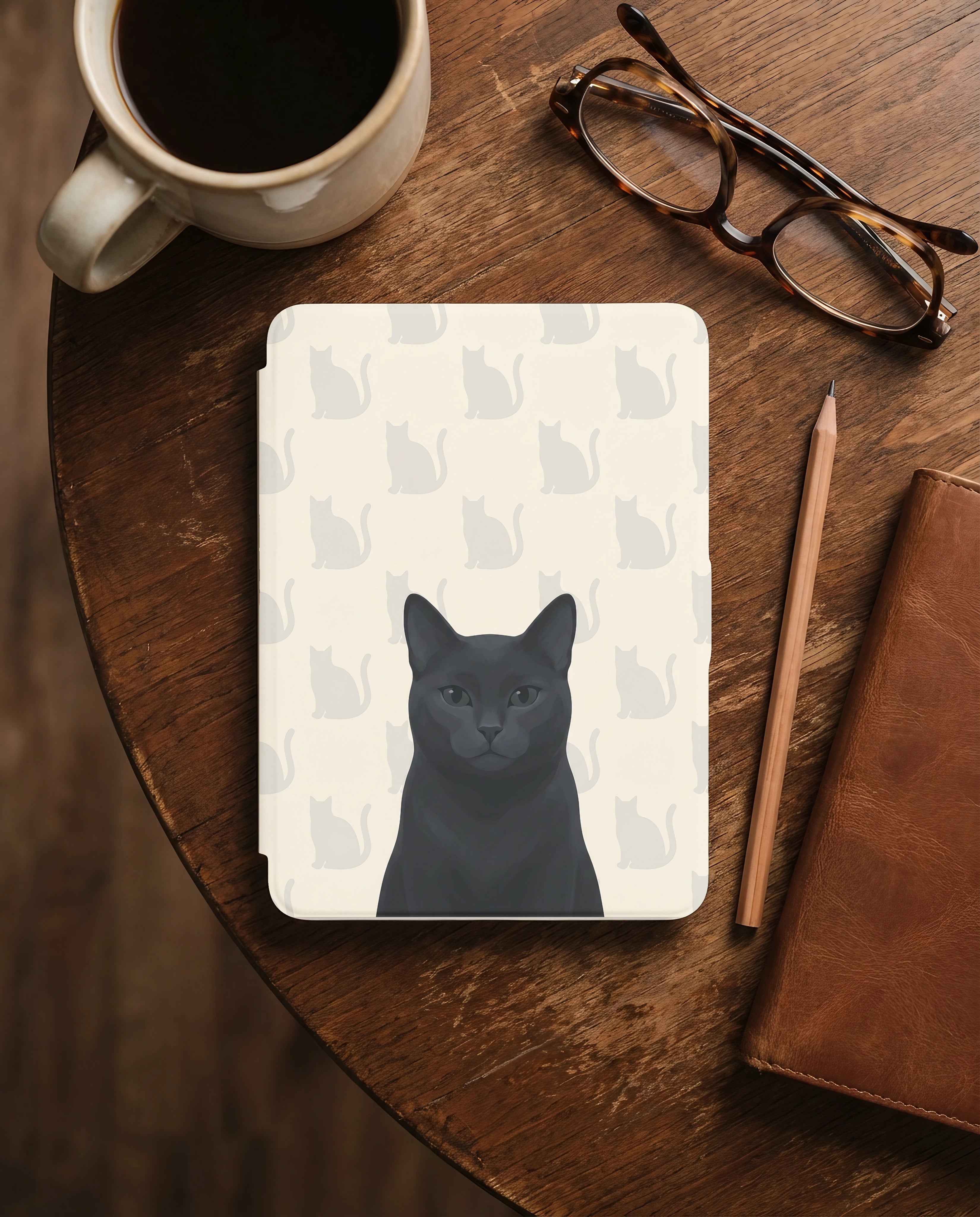 Personalized Black Cat Portrait Kindle 12th Gen Case — Elegant Silhouette Grid Pattern