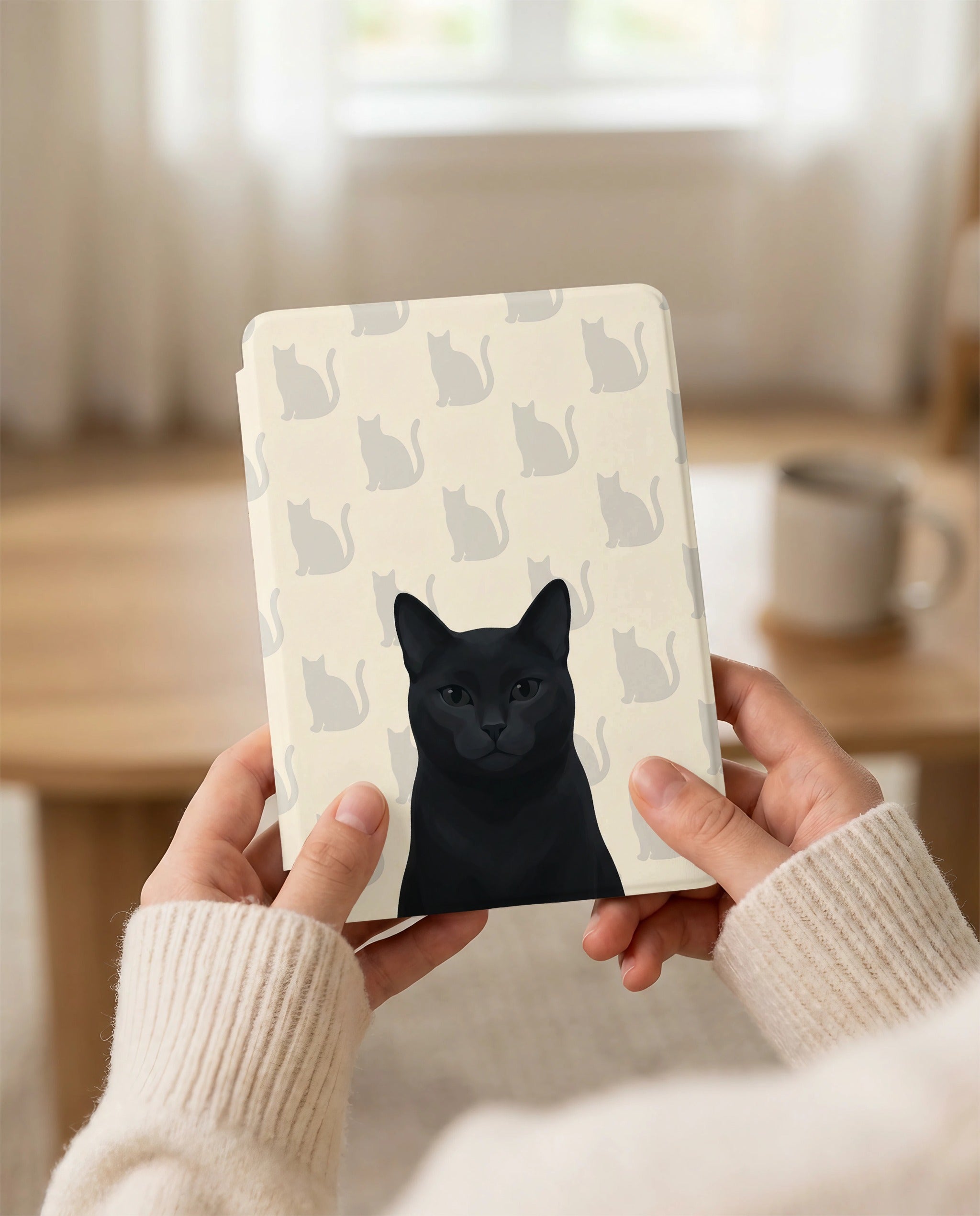 Personalized Black Cat Portrait Kindle 12th Gen Case — Elegant Silhouette Grid Pattern