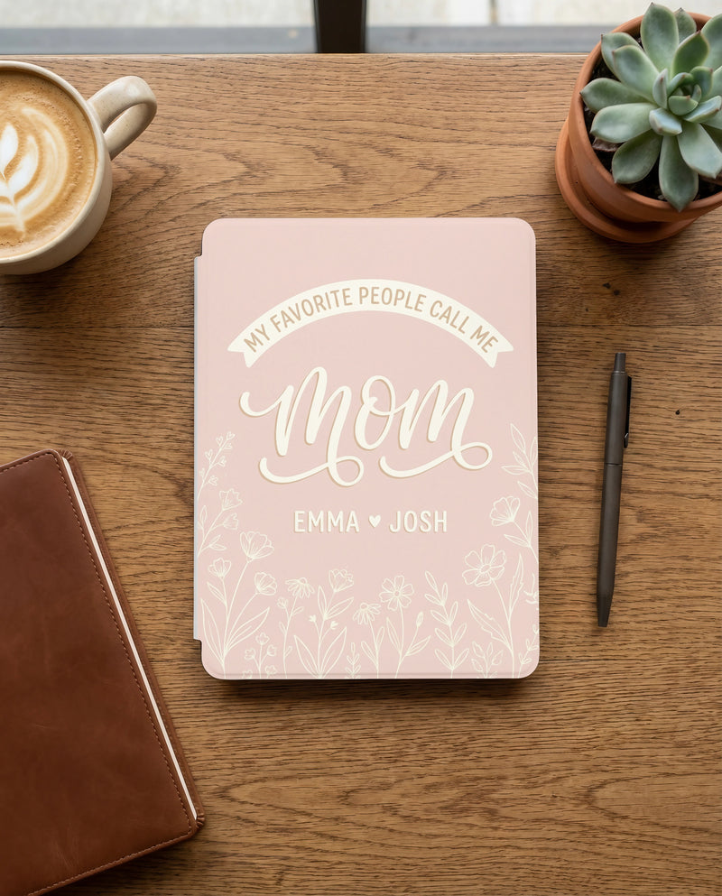 Personalized Mom Kindle Case — Blush Floral Design with Kids Names Gift