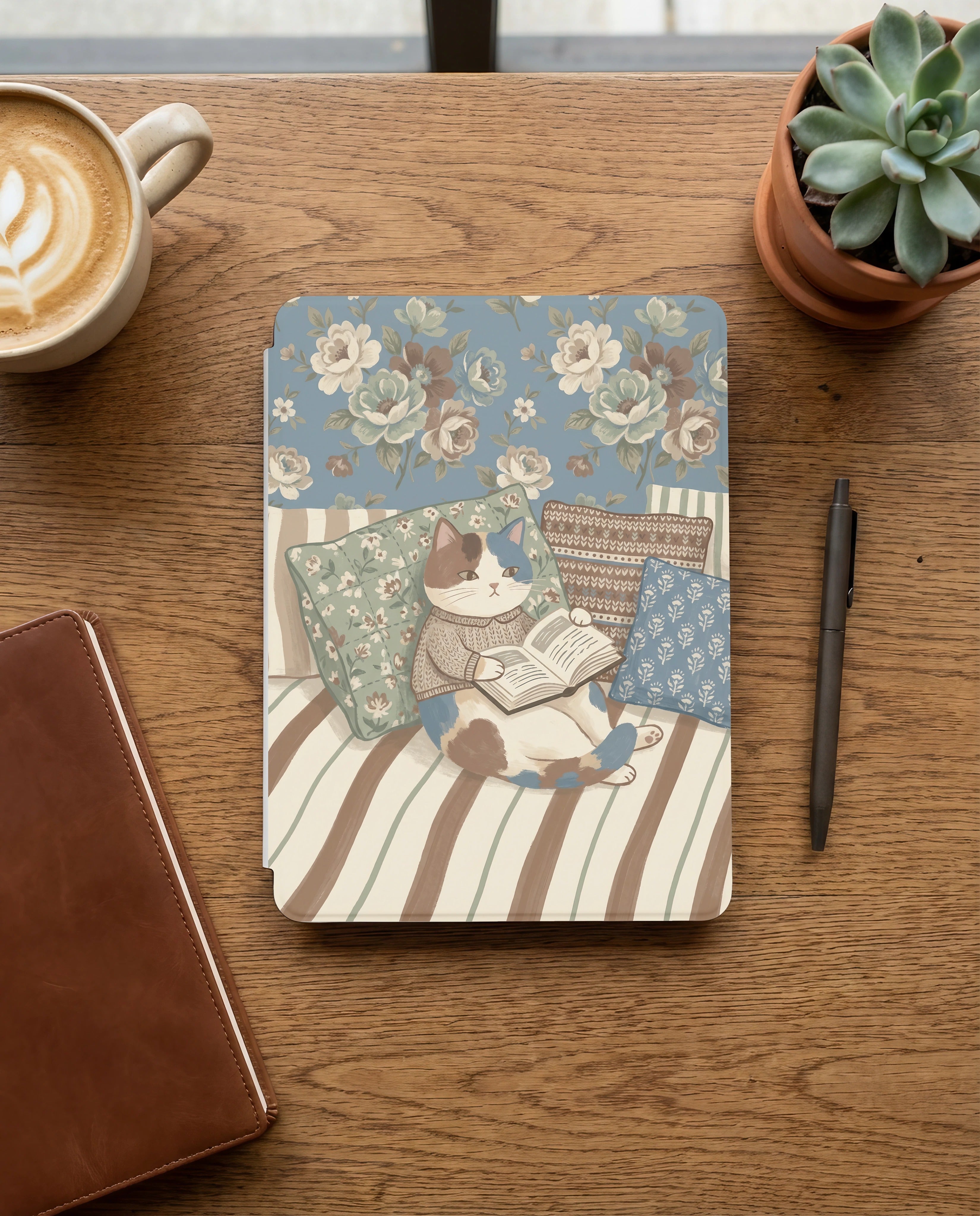 Floral Cat Reading Kindle Case — Cozy Gift for Cat Lovers