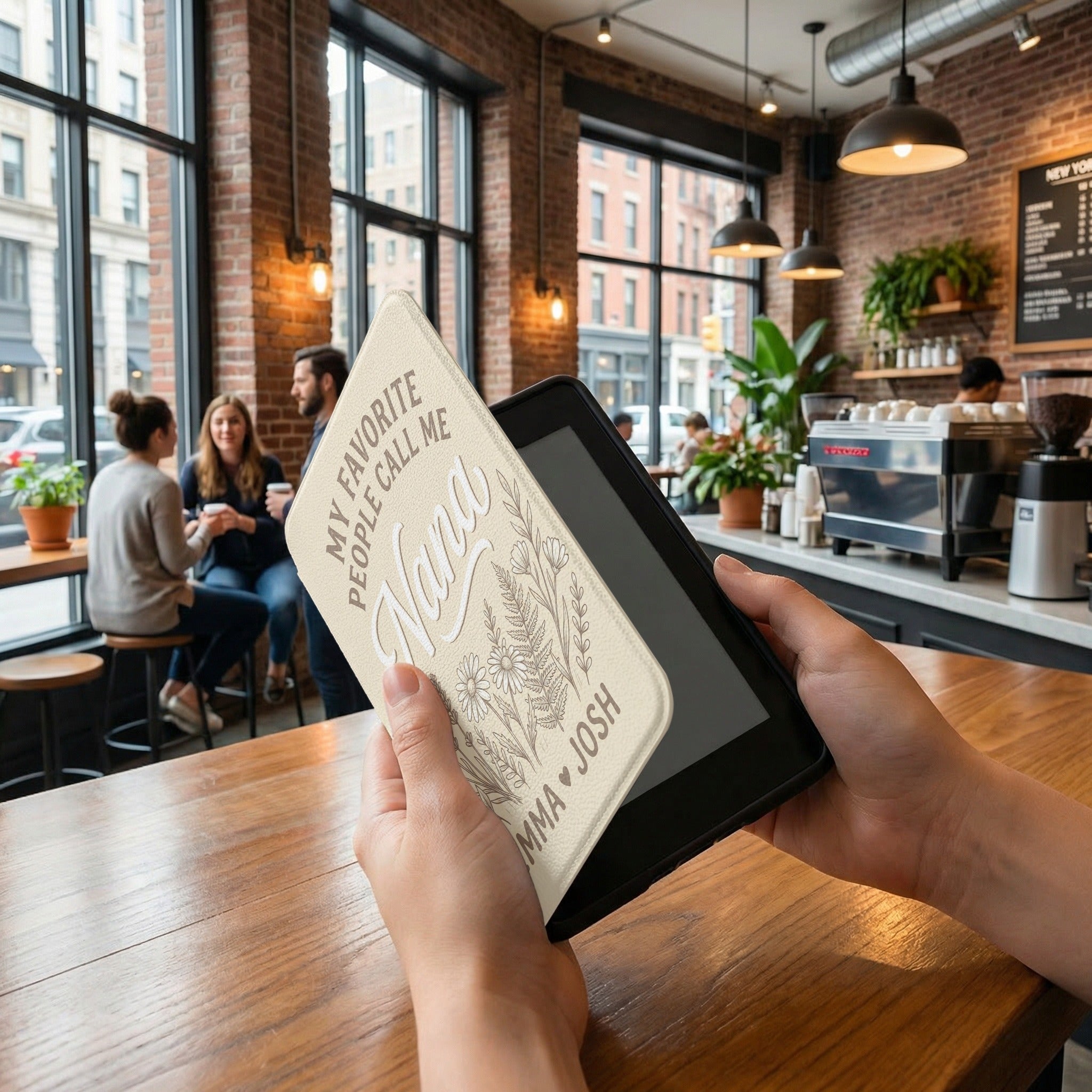 Personalized Nana Kindle Case — Cream Floral Design with Grandkids Names Gift