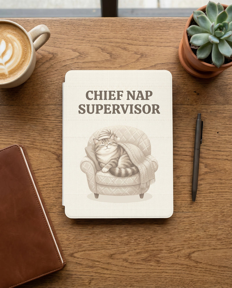 Chief Nap Supervisor Custom Cat Kindle Case — Cozy Armchair Personalized Pet Portrait Gift