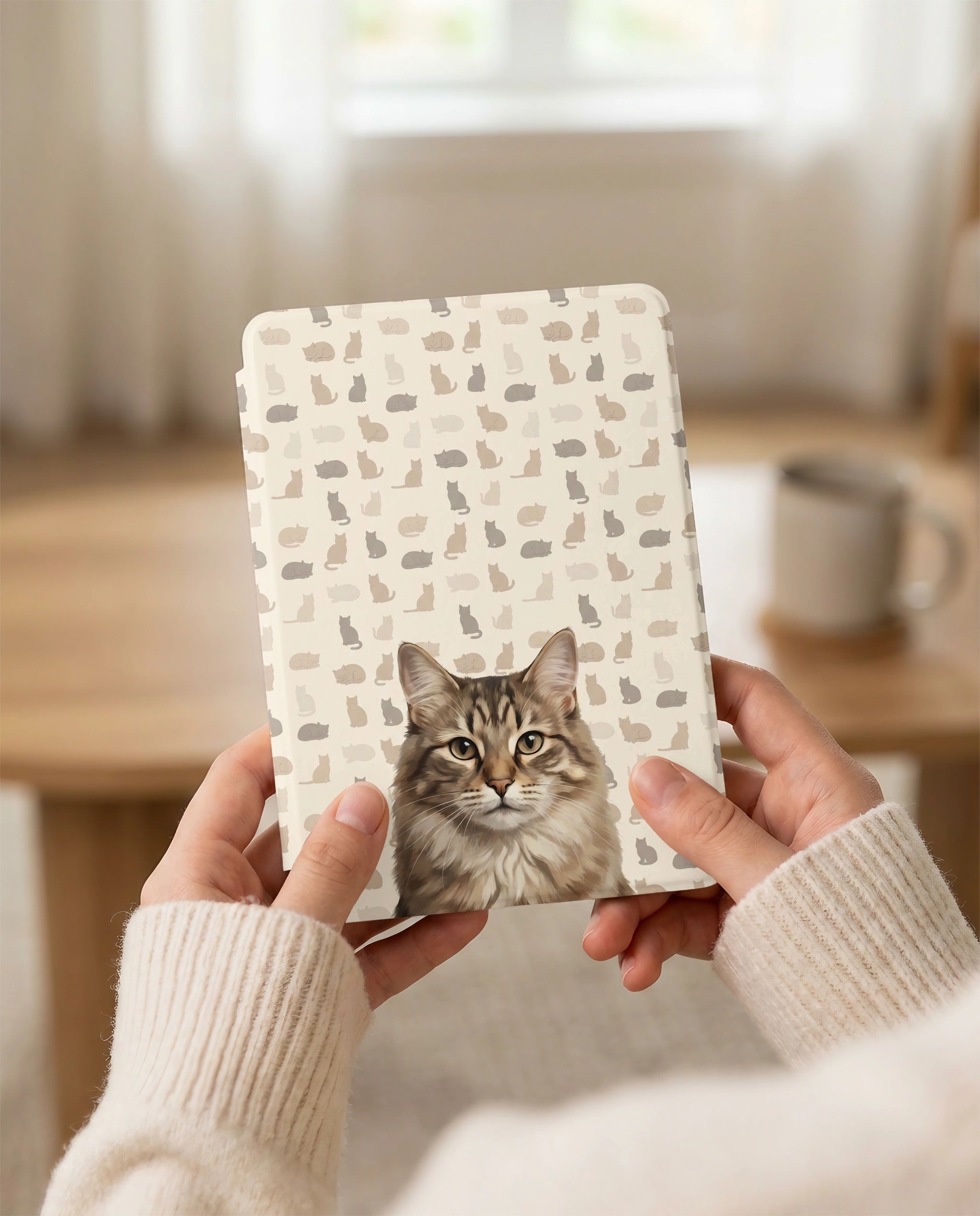 Custom Cat Portrait Kindle Case — Fluffy Tabby with Silhouette Pattern Gift