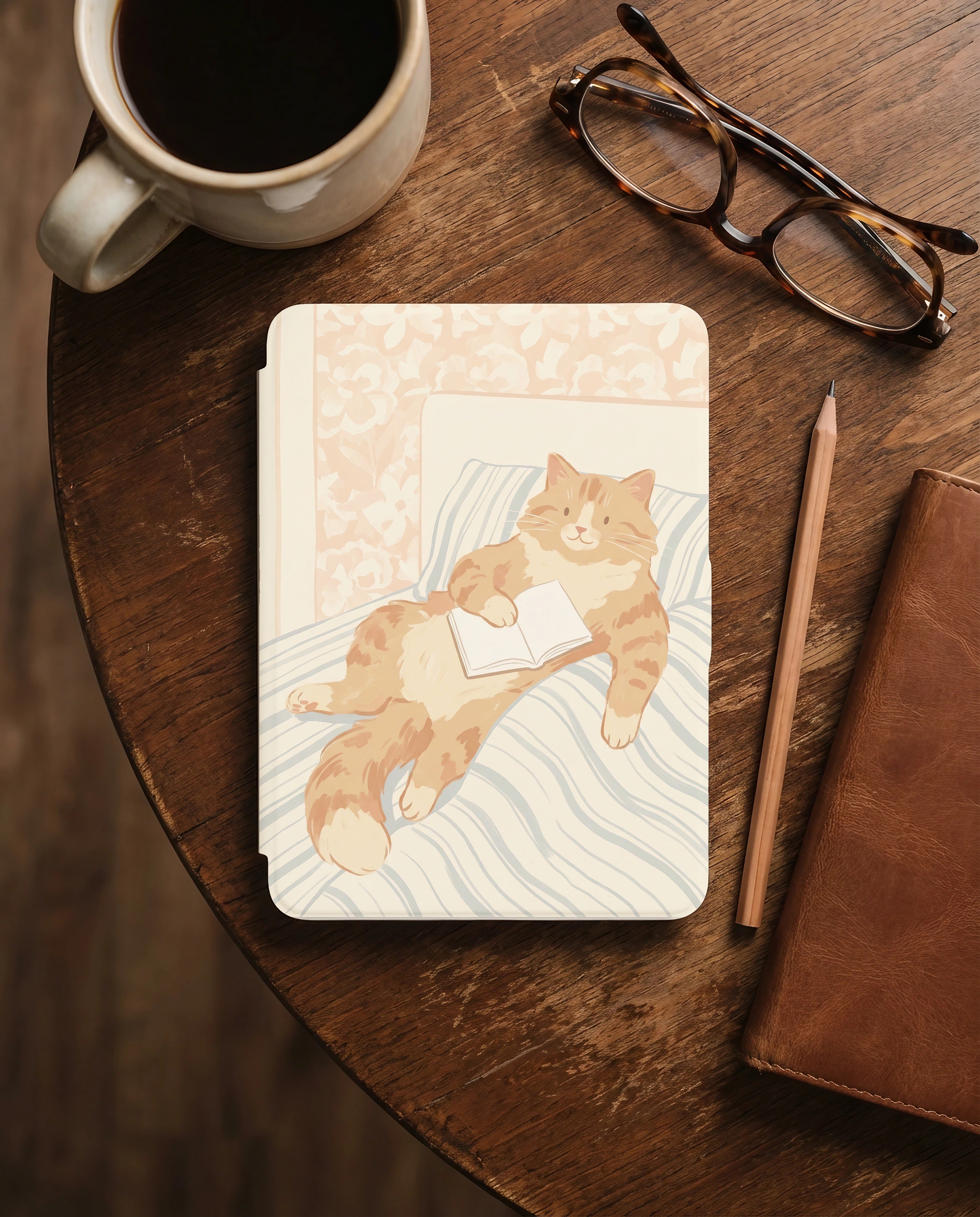 Cute Orange Cat Reading Kindle Case — Gift for Cat Lovers