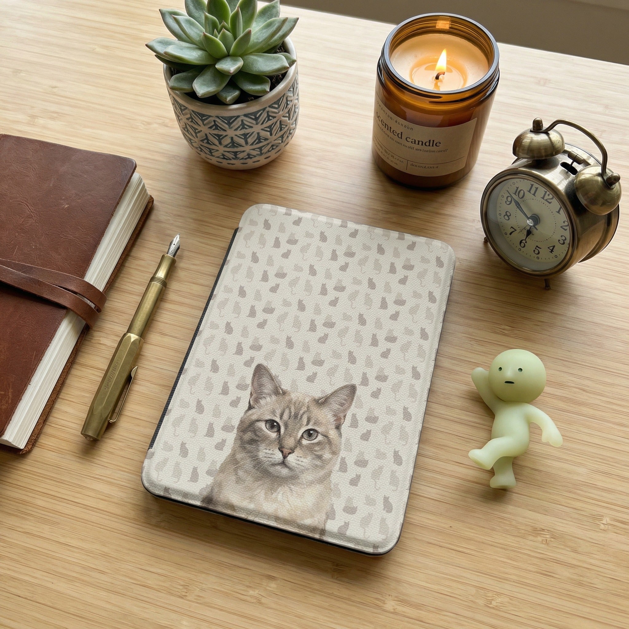 Personalized Cat Portrait Kindle Cover — Cream Shorthair with Grid Pattern