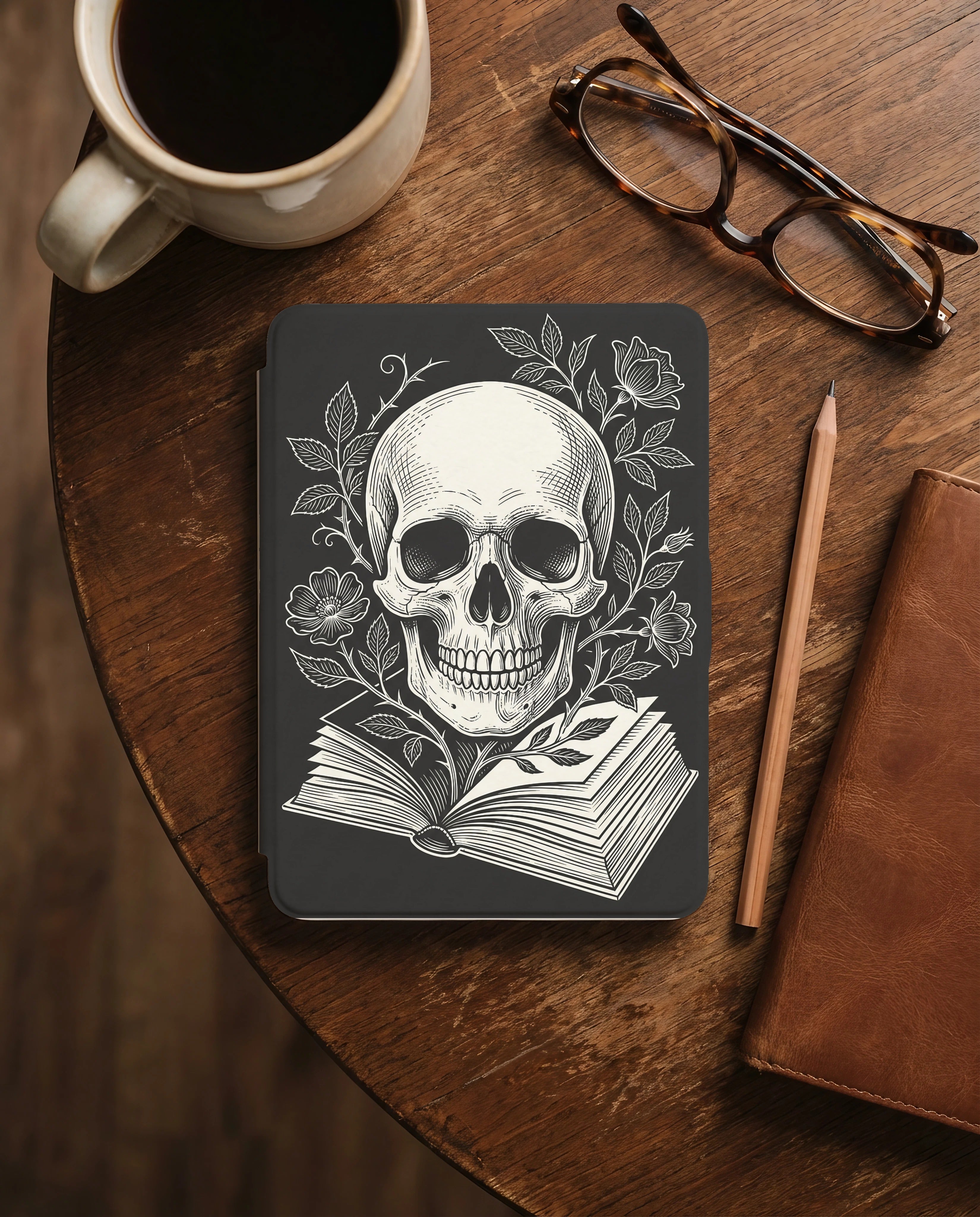 Large Skull on Book Kindle Case — Gothic Book Lover Gift