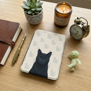 Personalized Black Cat Portrait Kindle 12th Gen Case — Elegant Silhouette Grid Pattern