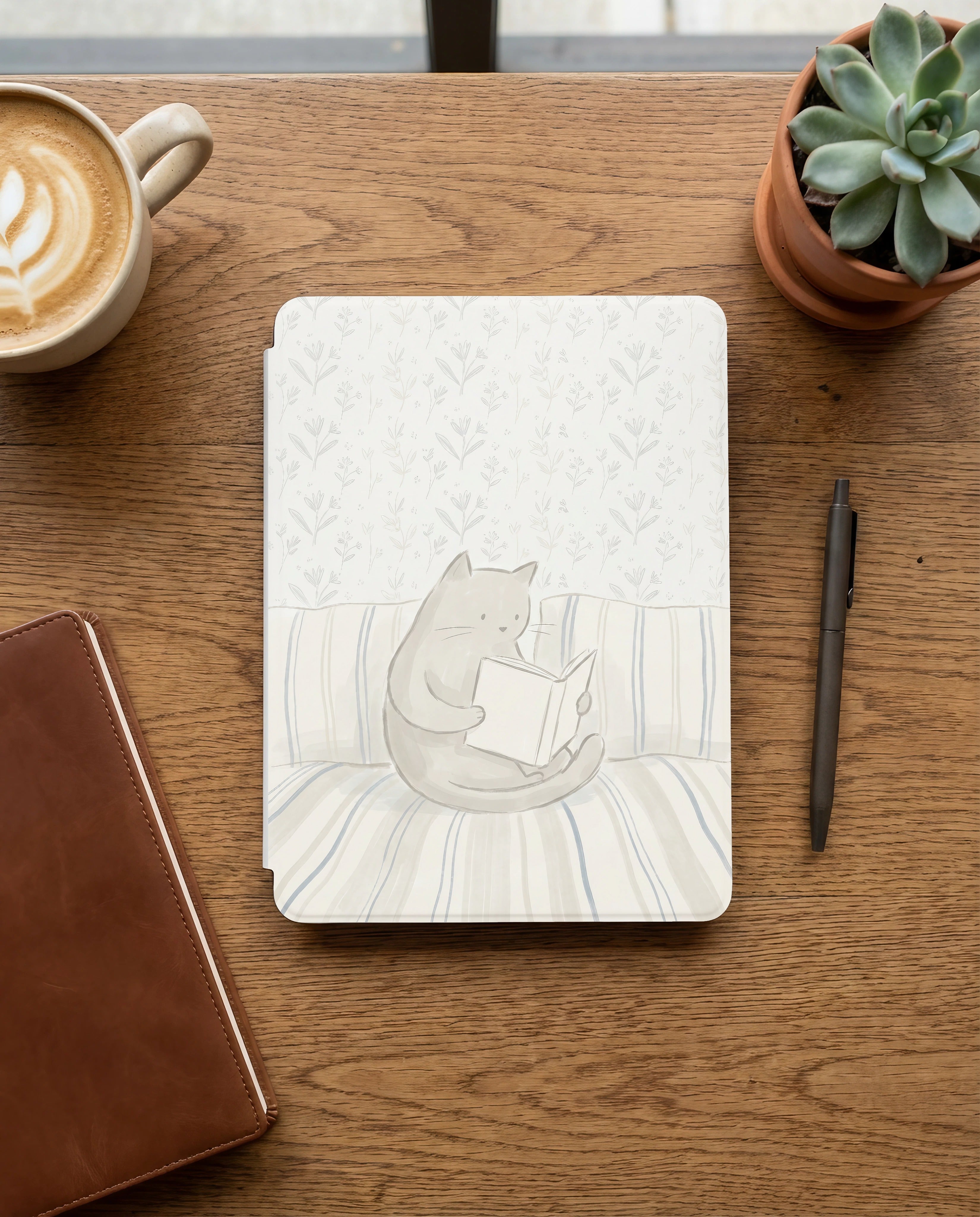 Gray Cat Reading Kindle Case — Cozy Gift for Cat Lovers