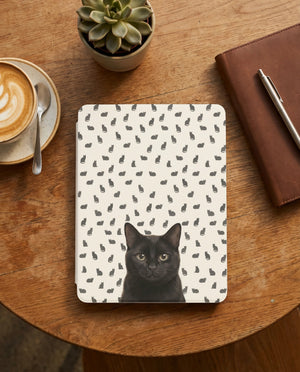 Custom Black Cat Portrait Kindle Case — Scattered Silhouette Pattern