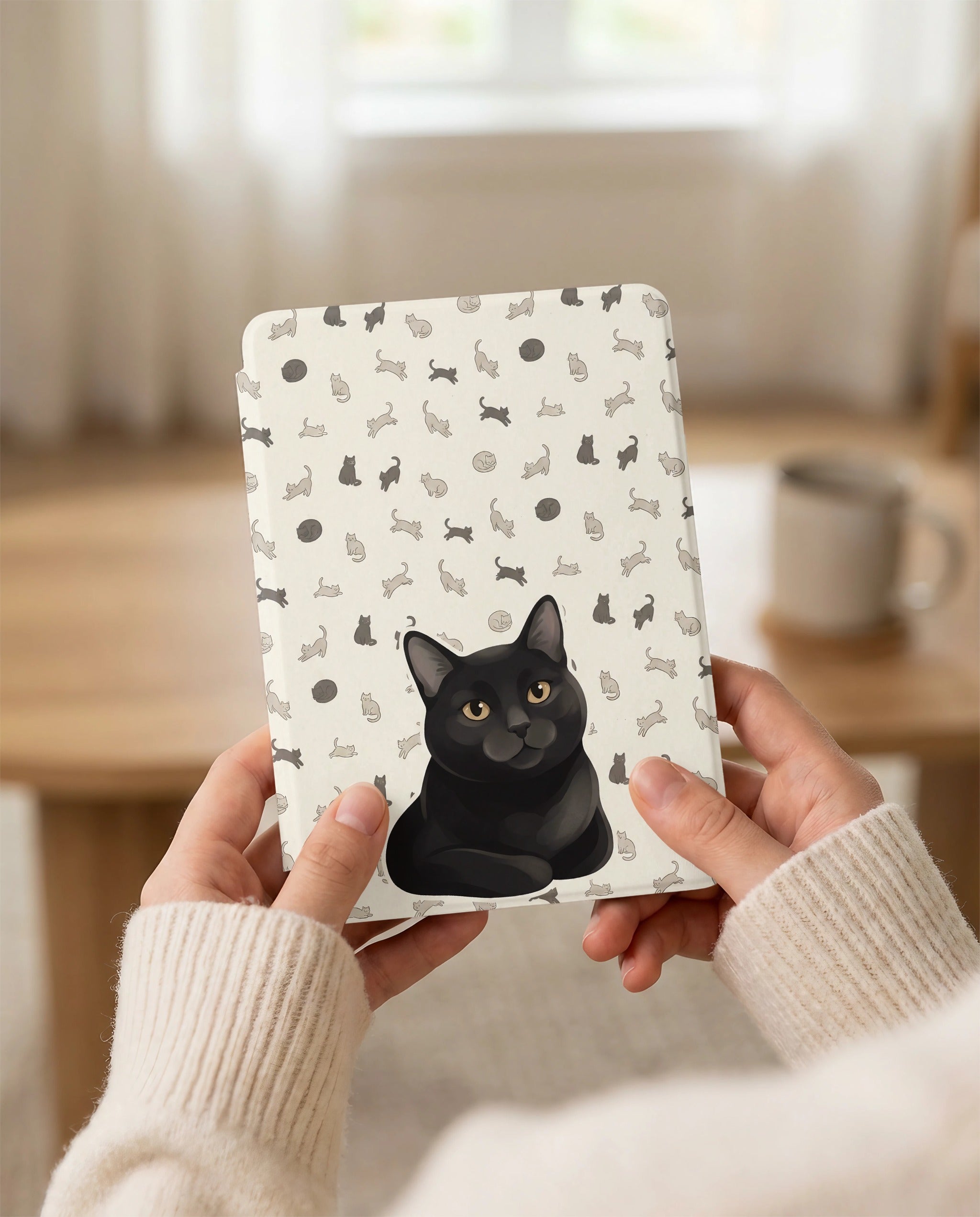 Custom Cat Portrait Kindle Case — Loafing Gray Cat with Yarn Ball Pattern