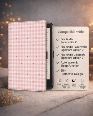 Pink Gingham Hearts Kindle Paperwhite Case — Romantic Cottagecore Gift