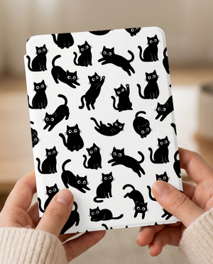 Black Cat Pattern Kindle Paperwhite Case — Playful Cat Lover Gift