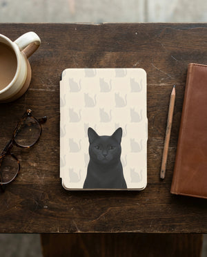 Personalized Black Cat Portrait Kindle 12th Gen Case — Elegant Silhouette Grid Pattern