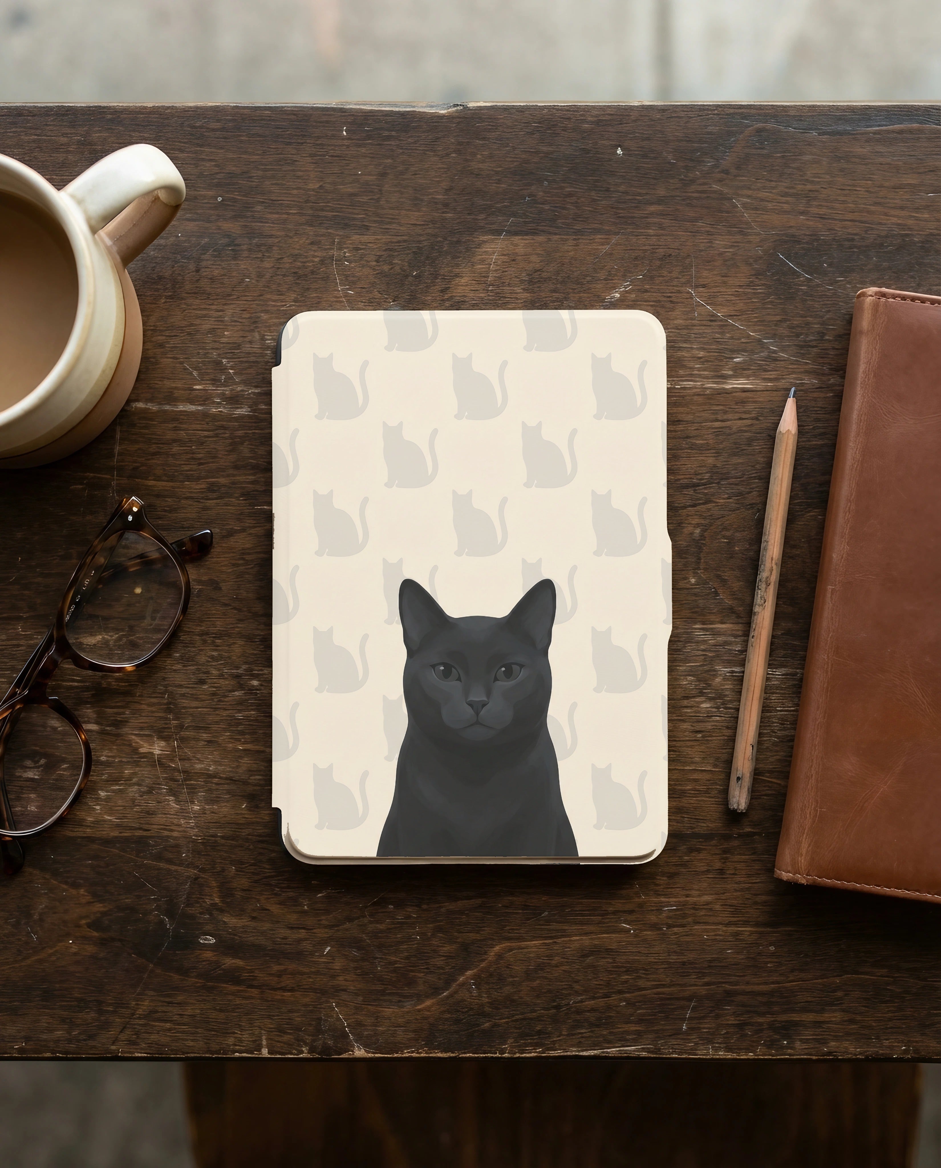 Personalized Black Cat Portrait Kindle 12th Gen Case — Elegant Silhouette Grid Pattern