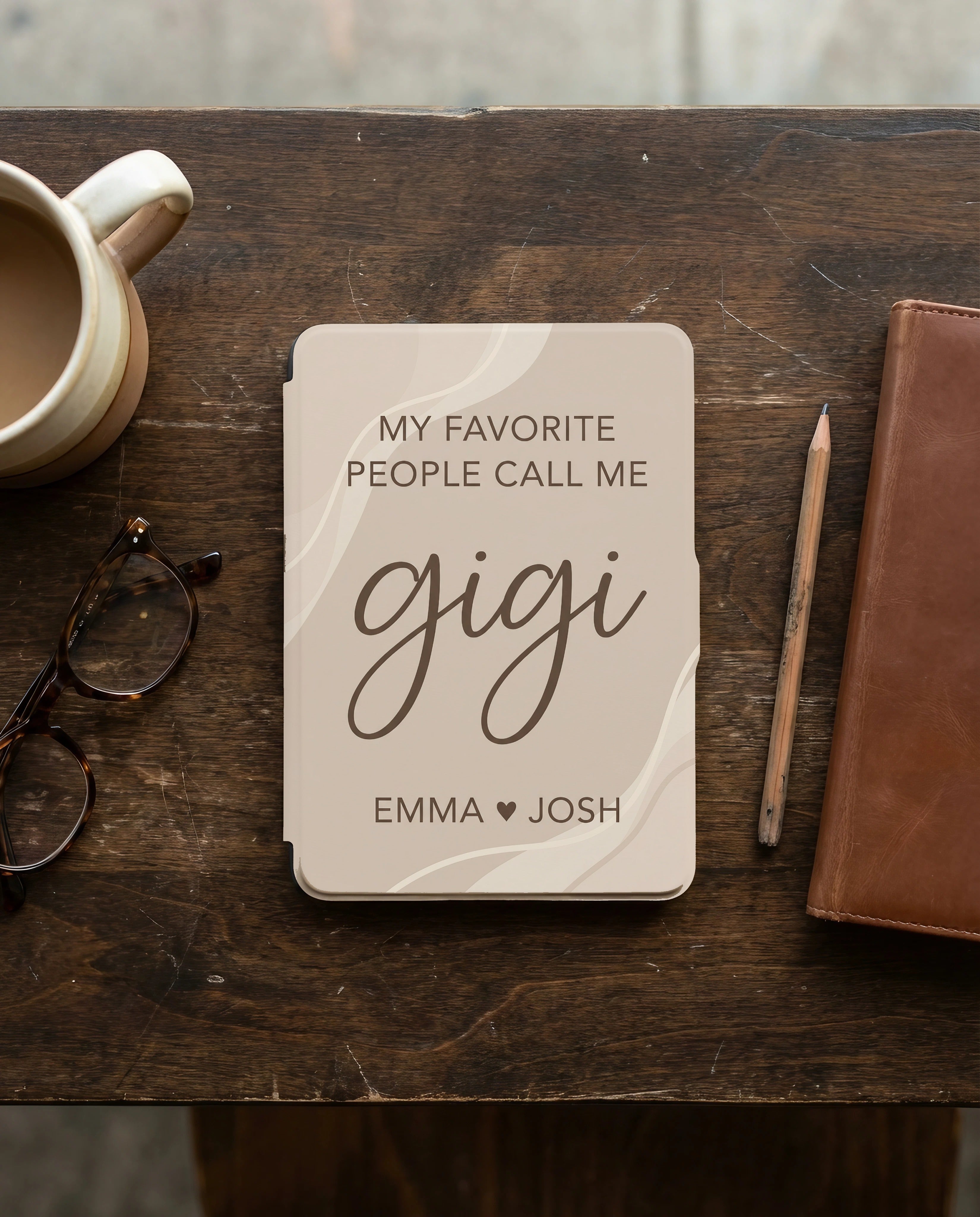 Personalized Gigi Kindle Case — Minimal Beige Design with Grandkids Names Gift