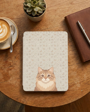 Custom Cat Portrait Kindle Case — Ginger Longhair with Playful Doodle Pattern Gift
