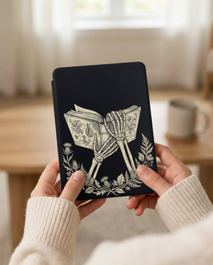 Skeleton Hands Holding Book Kindle Case — Gothic Book Lover Gift