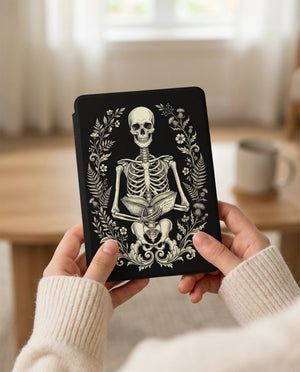 Seated Skeleton Full Body Kindle Case — Gothic Book Lover Gift