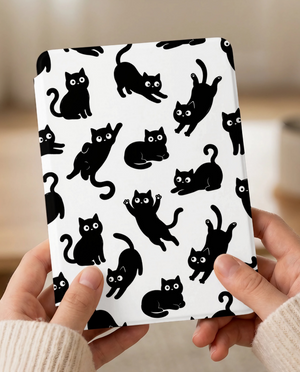 Black Cat Pattern Kindle Case — Cute Cozy Cat Lover Gift