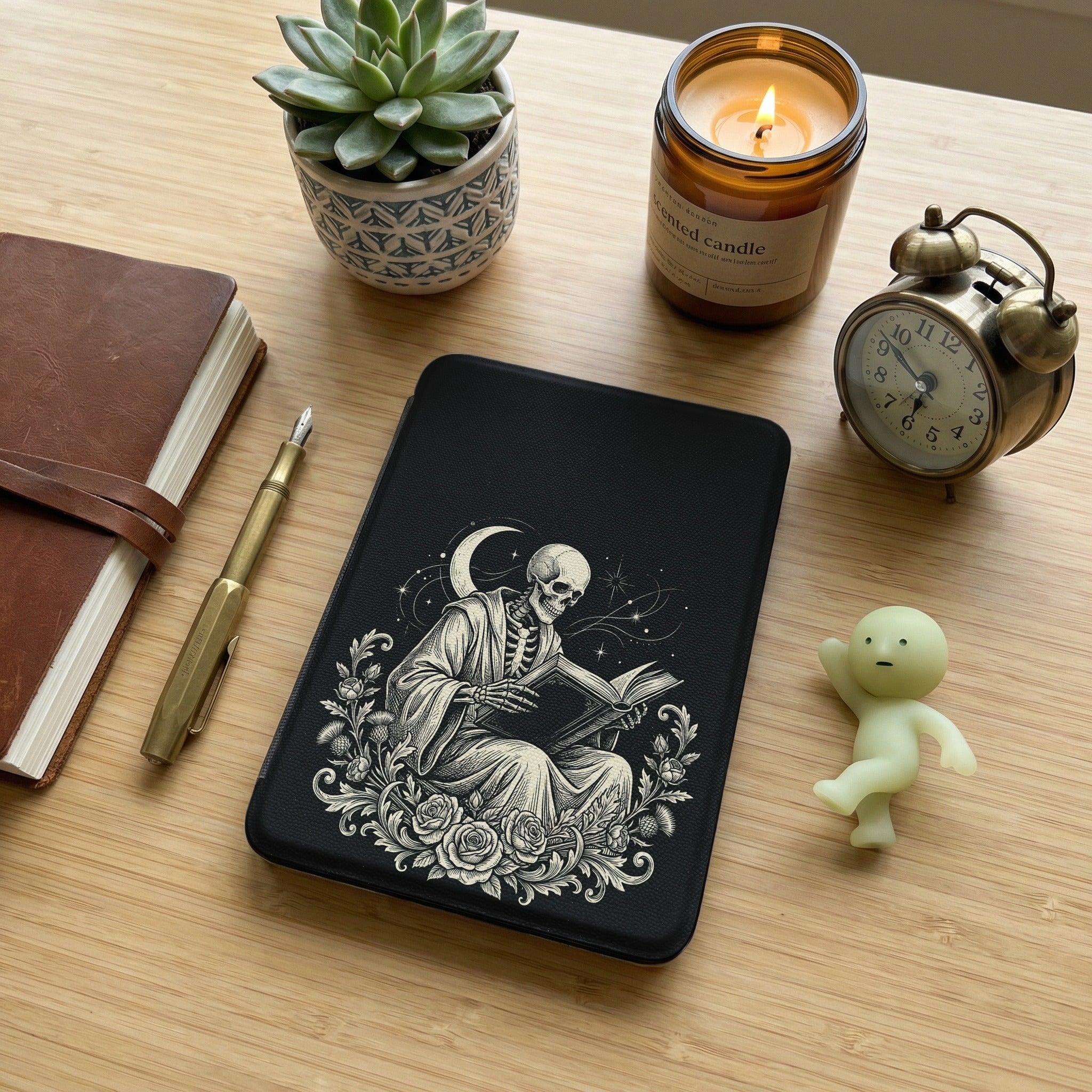 Robed Skeleton Reading Kindle Case — Gothic Book Lover Gift
