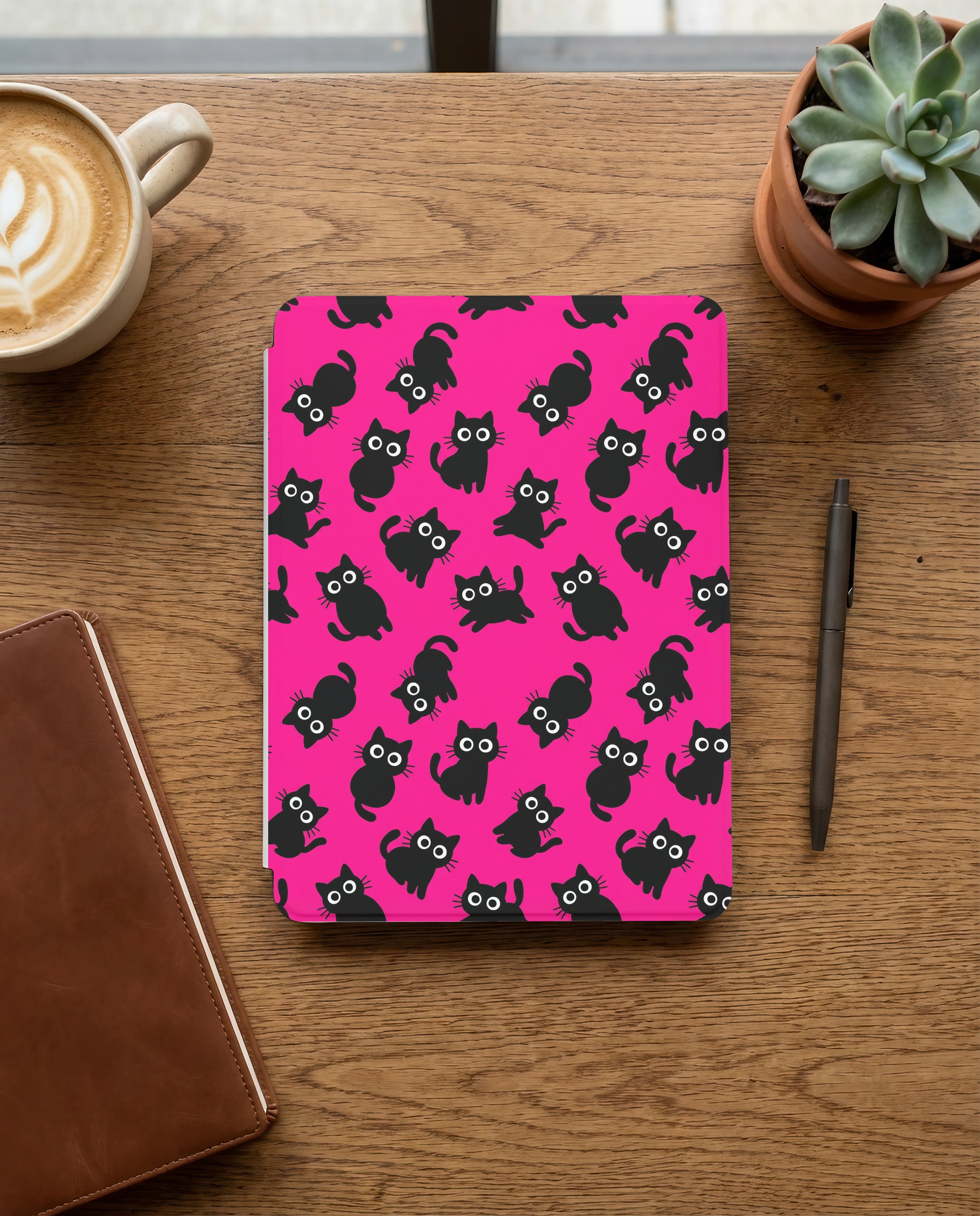 Hot Pink Black Cat Kindle Colorsoft Case — Kawaii Cat Lover Gift