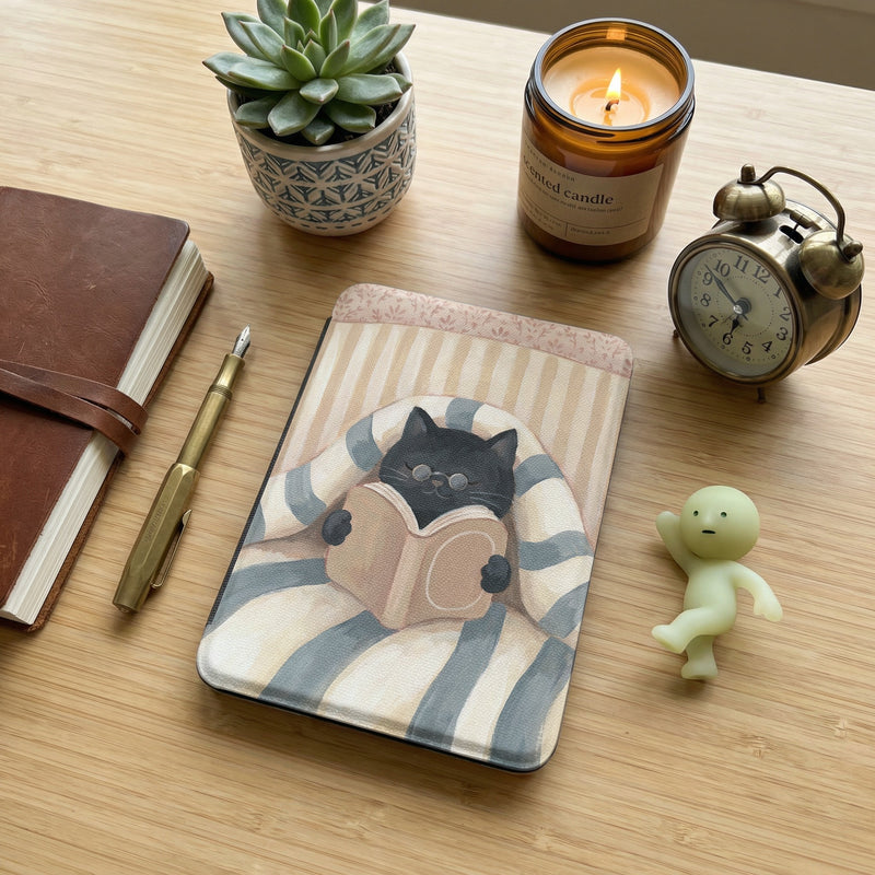 Black Cat in Bed Kindle Paperwhite Case — Cozy Cat Lover Gift